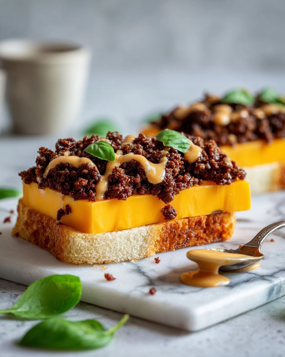 The image shows an open sandwich on a white marbled surface with three layers: the bottom layer is a light beige bread slice, the middle layer is two large, square, orange slices of cheddar cheese perfectly stacked, and the top layer consists of a generous amount of crumbled cooked ground meat that is dark brown with a crumbly texture, drizzled unevenly with a light brown creamy sauce. Around the sandwich, there are a few bright green basil leaves scattered, and on the right side, a metal spoon with some sauce on it rests on the surface. Photo taken with an iphone --ar 4:5 --v 7