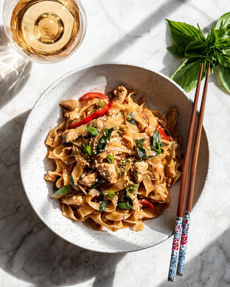 A white plate filled with a layered dish starting with wide, flat noodles in a light brown sauce at the base. On top, golden-brown cooked pieces of meat or tofu mix with red bell pepper slices and green herbs. Thinly sliced green onions and sesame seeds are spread over the dish, adding texture and color contrast. A pair of chopsticks with blue tips rests on the left side of the plate, all set on a white marbled surface with natural sunlight casting shadows. photo taken with an iphone --ar 4:5 --v 7
