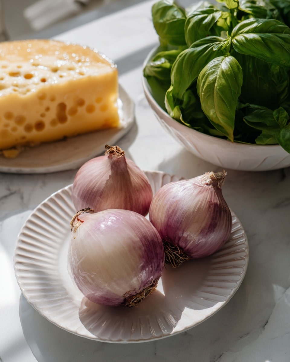 The image shows a close-up of three peeled shallots with smooth, pale purple and white skin, arranged on a white dish with ridged edges. Behind the shallots, there is a wedge of yellow cheese with small holes and a textured surface. To the right, there is a white bowl filled with fresh bright green basil leaves that look soft and slightly shiny with water drops on them. All items are set on a white marbled surface with soft shadows and warm sunlight falling on them, making the colors rich and vibrant. photo taken with an iphone --ar 4:5 --v 7