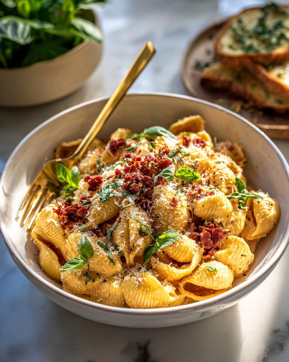 The dish shows a bowl filled with creamy orange pasta, with large shell-shaped pieces coated evenly in sauce. On the pasta, there are crispy red bits and fresh green basil leaves scattered for color contrast. A light dusting of grated cheese covers the top, adding texture. A gold-colored fork and spoon rest on the edge of the white bowl, which sits on a white marbled surface. In the background, there is a bowl filled with more green basil leaves, and some bread pieces are slightly visible. The lighting creates warm sunlit highlights and soft shadows, emphasizing the textures of the pasta and garnish photo taken with an iphone --ar 4:5 --v 7