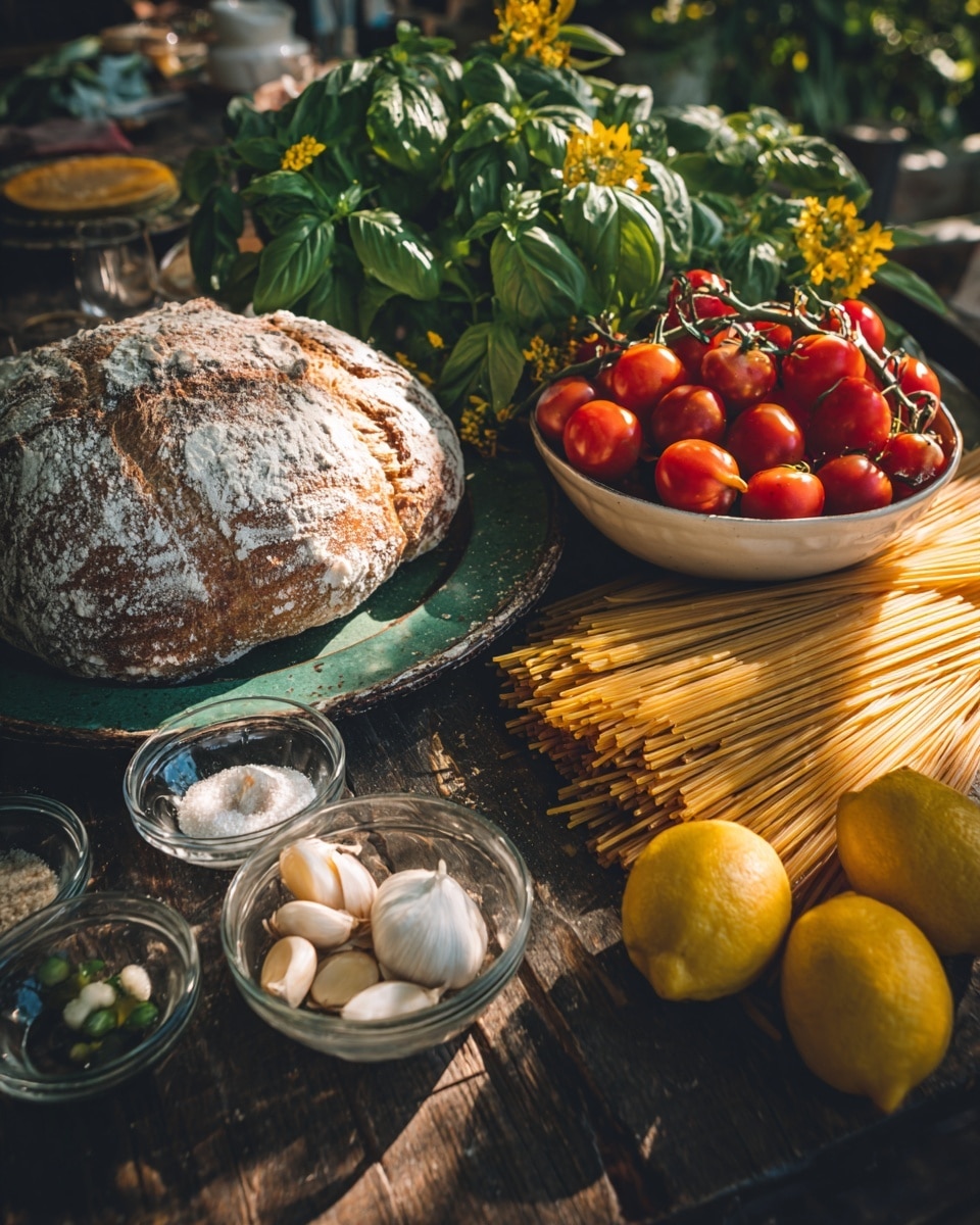 A table setup with fresh ingredients including a large loaf of rustic bread with a flour-dusted crust resting on a green metal tray, a white bowl filled with bright red cherry tomatoes on the vine and vibrant green leafy basil with yellow flowers, a bundle of uncooked spaghetti with pale yellow strands tied together in the back, small glass bowls holding peeled garlic cloves, sliced red onions, and water, and two bright yellow lemons on the right. The surface is a dark wooden texture, and the scene is warmly lit by sunlight. Photo taken with an iphone --ar 4:5 --v 7