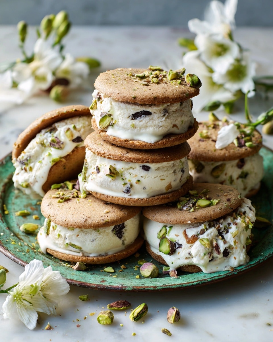 The image shows several stacked ice cream sandwiches on an old, greenish tray. Each sandwich has two light brown cookies with small dark spots, looking soft and studded with tiny bits, and thick white ice cream in the middle that slightly melts and drips a little. The edges of the ice cream are sprinkled with small chopped pistachio nuts. Around the tray are some scattered pistachio pieces and white flowers with green stems arranged loosely. The background is a white marbled surface with soft sunlight creating warm highlights and shadows. Photo taken with an iphone --ar 4:5 --v 7