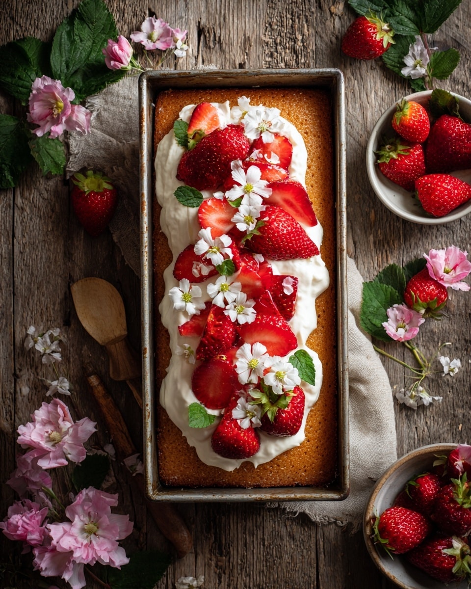 A rectangular metal pan holds a golden brown baked cake as the base layer, topped with dollops of white whipped cream spread unevenly across it. On top of the cream are many bright red whole and halved strawberries, some with green stems, and a light red syrup drizzled over the strawberries and cream. The pan sits on a rustic wooden table with pink flowers in the background, and to the side is a white bowl with strawberry remnants and syrup. Photo taken with an iphone --ar 4:5 --v 7