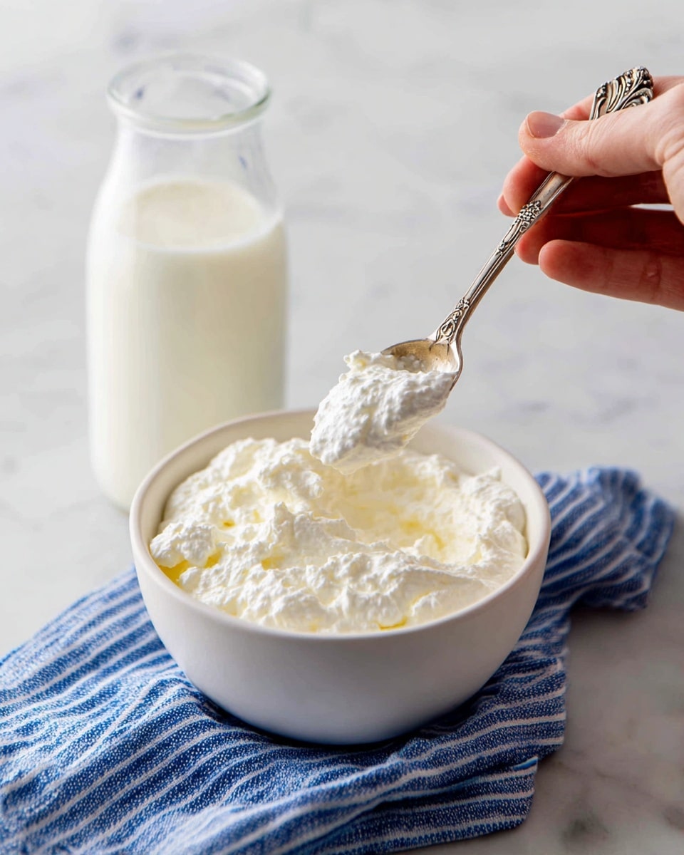 A white bowl filled with soft, creamy white cottage cheese that has a slightly lumpy texture is placed on a white marbled surface. A woman's hand is holding a small ornate silver spoon scooping some cottage cheese from the bowl. Nearby, there is a clear glass bottle filled with fresh milk. A folded blue and white striped cloth is placed next to the bowl, adding a touch of color to the simple, clean setting. photo taken with an iphone --ar 4:5 --v 7