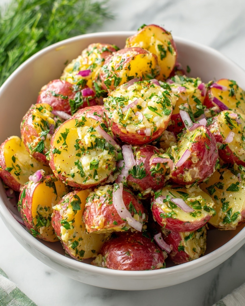 A white bowl filled with halved red potatoes showing light yellow insides and reddish brown skins, mixed with thin slices of purple onion and chopped green herbs that cover the potato pieces evenly. The potatoes have a slightly rough texture with bits of seasoning and dressing visible on their surfaces. The bowl sits on a white marbled texture with a blurred green herb bunch in the background and a white towel with blue stripes in the bottom left corner. photo taken with an iphone --ar 4:5 --v 7