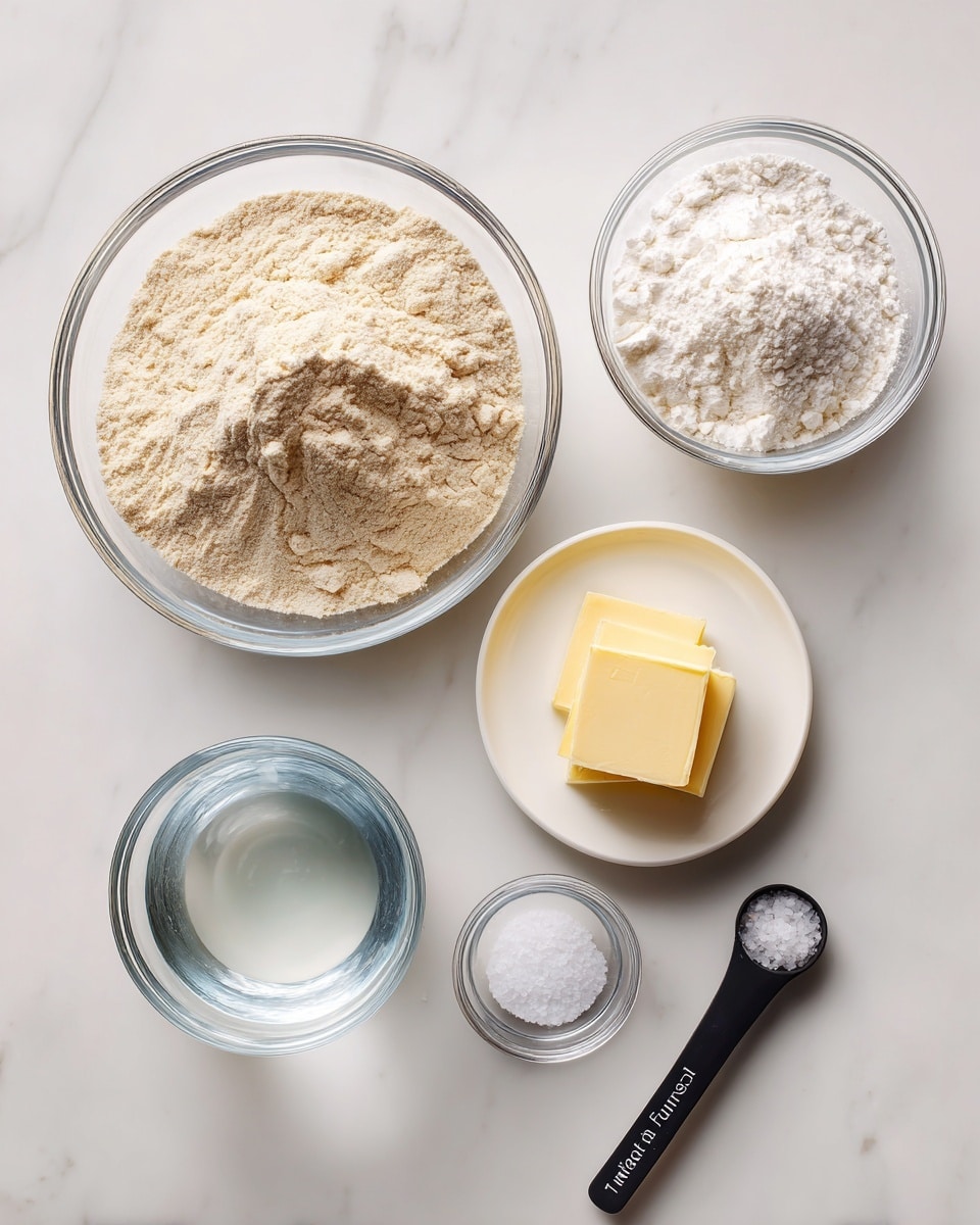 The image shows five small bowls on a white marbled surface, each with a cooking ingredient. The largest bowl is clear glass filled with a light tan, coarse powder labeled whole wheat flour, placed left center. Above it, a small clear glass bowl contains white baking powder, located top right. Below the flour bowl, another clear glass bowl holds clear water. To the right, a small white plate holds a square piece of light yellow butter or oil. At the bottom right is a black measuring spoon labeled 1 tsp, filled with coarse white salt. All items are neatly arranged with clear labels in black text. photo taken with an iphone --ar 4:5 --v 7