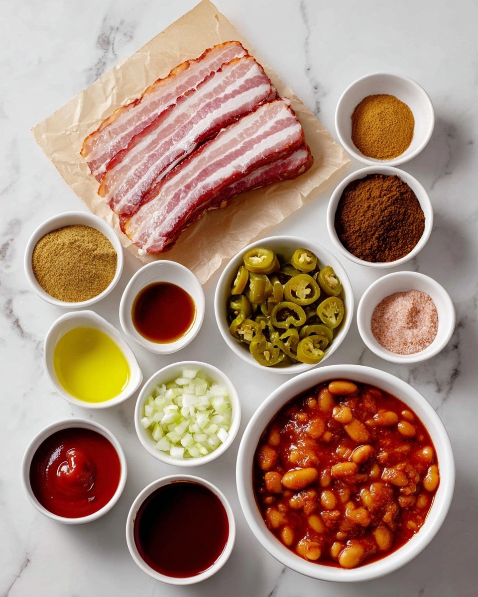 The image shows several ingredients arranged neatly on a white marbled surface. There is a stack of thick-cut bacon strips placed diagonally on a piece of parchment paper in the top left corner. Surrounding the bacon are small white bowls filled with different ingredients: light brown dry mustard powder, dark brown molasses, bright green chopped jalapenos, finely chopped white yellow onion, golden apple cider vinegar, deep red ketchup, and light brown brown sugar. At the bottom right, a large white bowl is filled with pork and beans in a reddish sauce, with visible beans and small pieces of meat. Each ingredient is clearly labeled in bold black or white text. Photo taken with an iphone --ar 4:5 --v 7