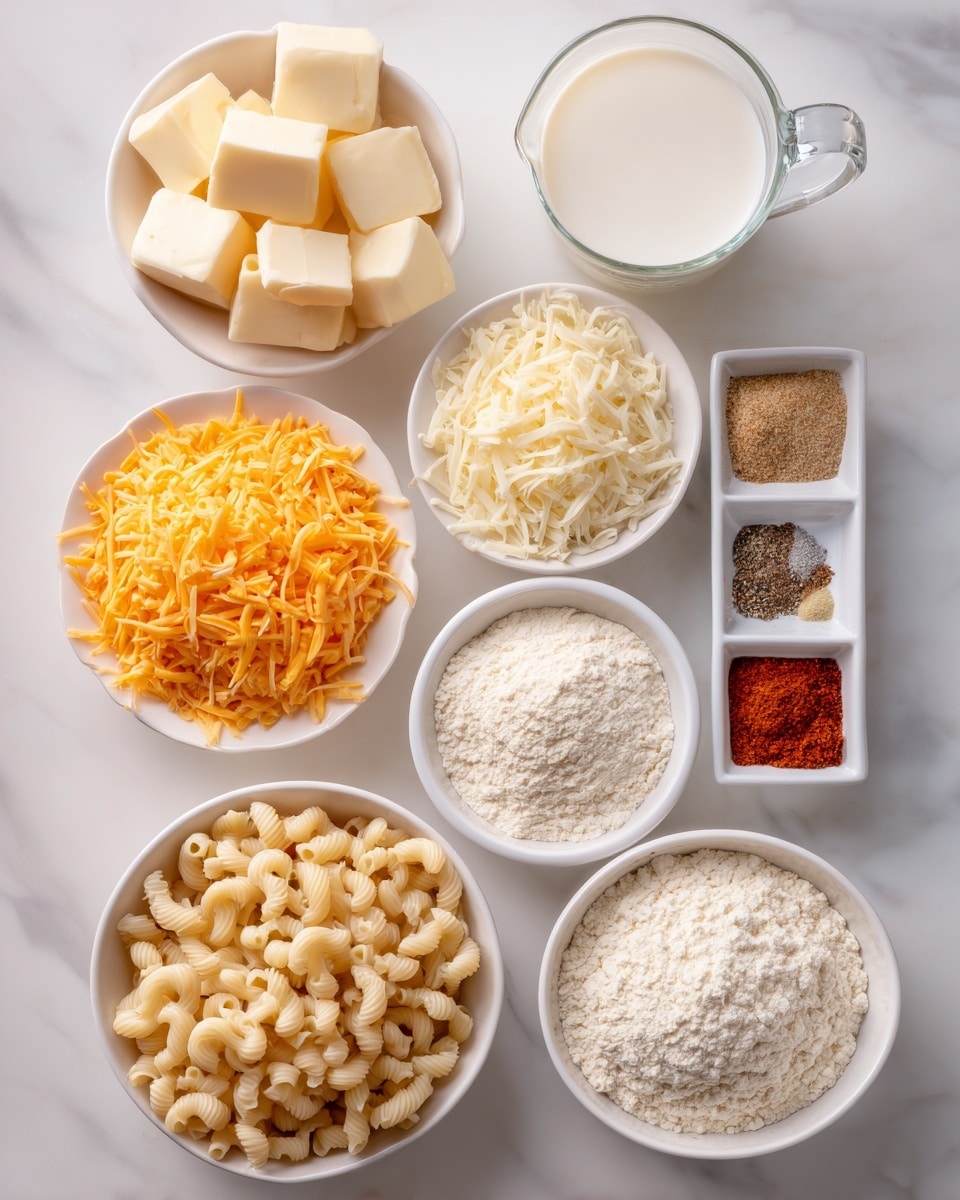 The image shows an overhead view of several white bowls and one white small dish arranged on a white marbled surface, each filled with different ingredients for a recipe. Starting from the top left, there is a small white bowl filled with pale yellow square butter slices. Next to it on the right is a clear glass measuring cup filled with white milk. Below the butter bowl, a large white plate holds two piles of shredded cheese: bright orange cheddar on the left and pale off-white parmesan on the right. To the right of the cheese plate, a white divided dish contains four spices in four small sections: light tan garlic powder, black pepper, reddish paprika, and white salt. Below the cheese plate is a white bowl filled with off-white breadcrumbs, and to its right is another white bowl containing white flour. At the bottom center of the image, there is a white bowl filled with light brown elbow macaroni. The arrangement is clean and evenly spaced. Photo taken with an iphone --ar 4:5 --v 7