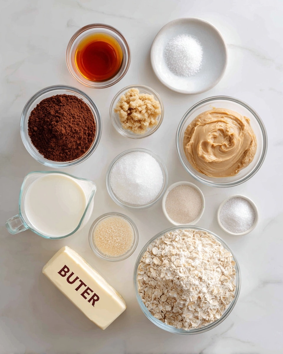 A top-down view of several clear glass bowls and one white plate on a white marbled surface, each holding different baking ingredients arranged in a loose cluster. There are nine containers in total: in the top row from left, a small clear bowl with dark amber liquid (vanilla extract), a small white plate with white kosher salt, a medium clear bowl filled with dark brown unsweetened cocoa powder, a medium clear bowl with creamy light brown peanut butter, and a clear measuring cup filled with white whole milk. Below, from left to right, a small clear bowl of flaky sea salt, a small clear bowl with light brown sugar, a large clear bowl holding white granulated sugar, and a large clear bowl filled with light tan quick cooking oats. A stick of butter wrapped in paper labeled “BUTTER” lies flat on the bottom left near the small bowls. The ingredients show varying soft, powdery, and creamy textures. Photo taken with an iphone --ar 4:5 --v 7
