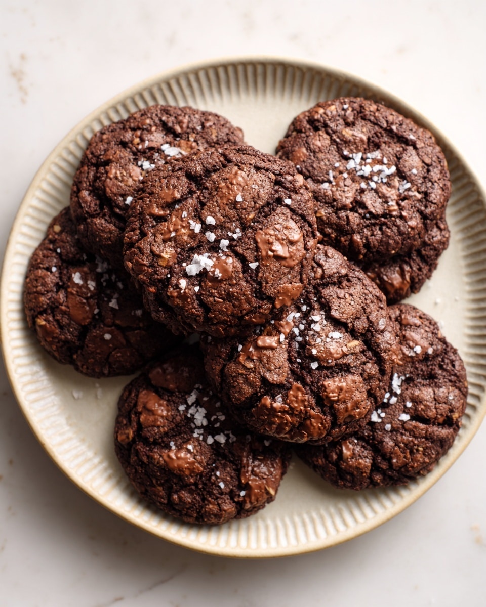 The image shows a white plate with seven round chocolate oat cookies arranged closely together. Each cookie is dark brown with a rough, textured surface made of visible oats and chocolate, giving them a chunky appearance. Small pieces of white salt flakes are scattered on top of the cookies, adding a slight contrast. The plate sits on a white marbled surface that looks smooth and clean. The lighting is soft, highlighting the cookies' texture and the plate's decorative edge. photo taken with an iphone --ar 4:5 --v 7
