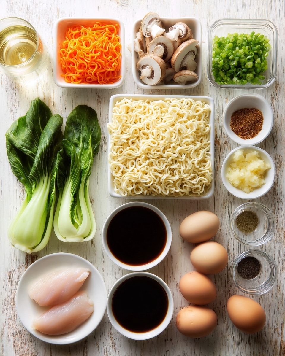 The image shows a top-down view of various fresh ingredients arranged neatly on a wooden table with a white marbled texture as a changed background. In the center, there is a square block of pale yellow ramen noodles with tight curls. To the left, thin, bright orange carrot ribbons sit in a white bowl, and above them, sliced light brown shiitake mushrooms are in a clear container. Two pale pink raw chicken breasts lie on a white plate at the bottom left. Dark green baby bok choy leaves with white stems fan out to the right of the ramen. Small white bowls hold chopped bright green onions, crushed light yellow garlic, and grated fresh ginger root with a soft yellow color placed near the top right. Below these, a white bowl holds dark brown soy sauce, next to it a white bowl contains golden toasted sesame oil. On the bottom right, two brown soft-boiled eggs are lying next to several small containers of kosher salt and black pepper. A glass cup with golden dry white wine and a clear bowl with light brown chicken broth complete the setup. The arrangement is clean and colorful, showcasing fresh raw ingredients ready for cooking photo taken with an iphone --ar 4:5 --v 7
