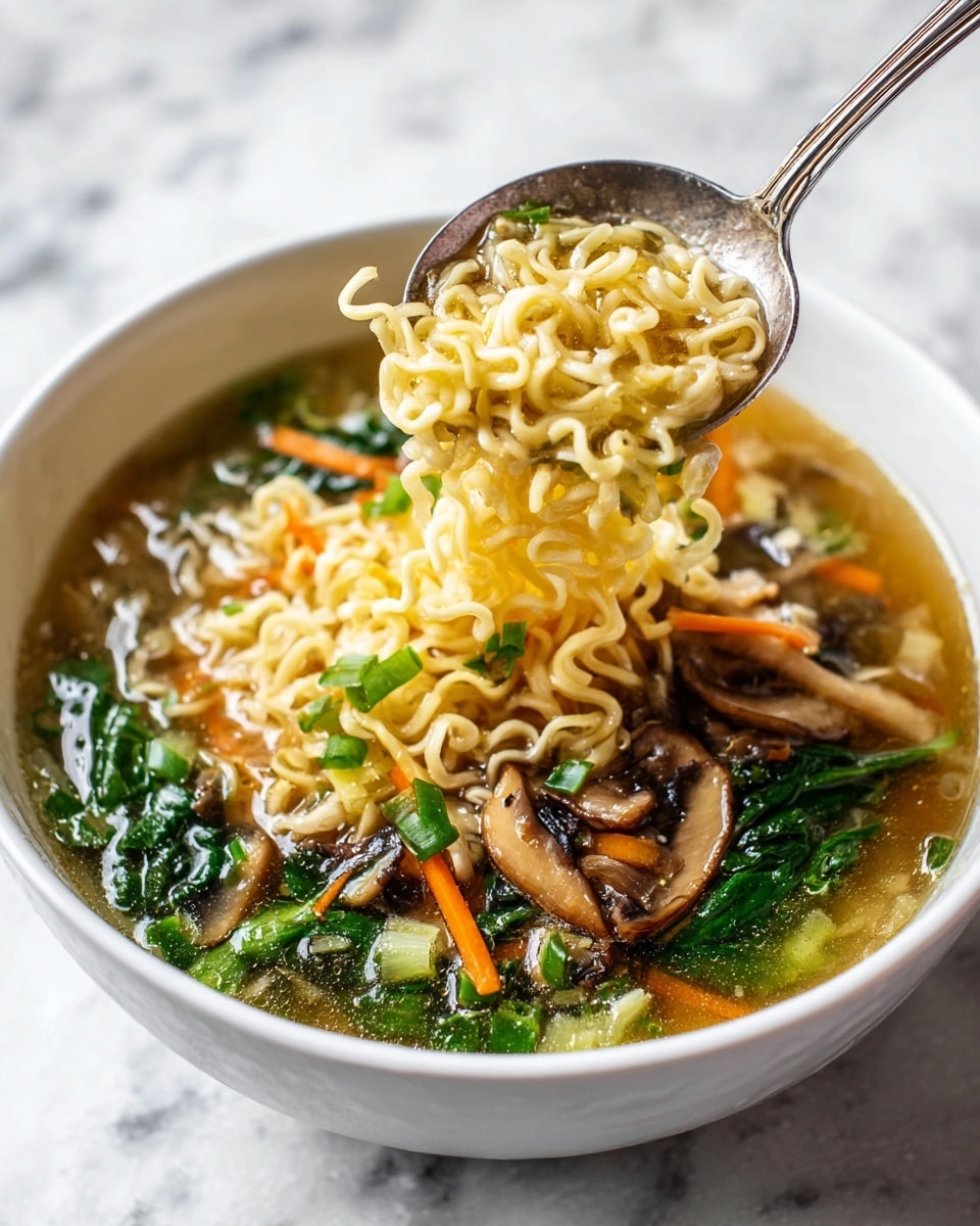 A large white pot filled with clear broth and curly light yellow ramen noodles, with thin bright orange carrot strips and dark green leafy vegetables floating inside. A metal ladle is lifting a spoonful from the pot, showing three layers: the clear golden broth at the bottom, thin orange carrot strips and bright green leafy vegetables in the middle, and curly pale yellow noodles hanging over the edge. A single brown mushroom slice floats on the broth inside the ladle. The scene is set on a white marbled surface. Photo taken with an iphone --ar 4:5 --v 7
