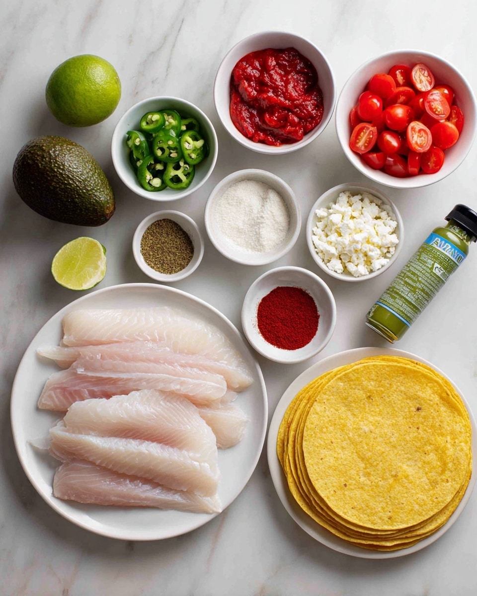 The image shows multiple ingredients arranged neatly on a white marbled surface. On the right, there is a white plate with several light pink tilapia filets stacked on each other. Below that, there is a stack of pale yellow corn tortillas. In the center right, a green can of avocado oil spray lies horizontally. Near the top middle, three small white bowls hold smoky red paprika, coarse white salt, and dark red chili powder. To the left center, a small white bowl with ground cumin inside sits next to a whole dark green avocado on a white plate. Above that, chopped bright red Roma tomatoes are in a small white bowl, and next to it, bright green sliced jalapenos are in another bowl. Lower left holds white cotija cheese in a bowl, and just above it is a white bowl with fresh lime wedges cut into thick slices. The layout is bright with fresh colors and clear separation of each ingredient. Photo taken with an iphone --ar 4:5 --v 7