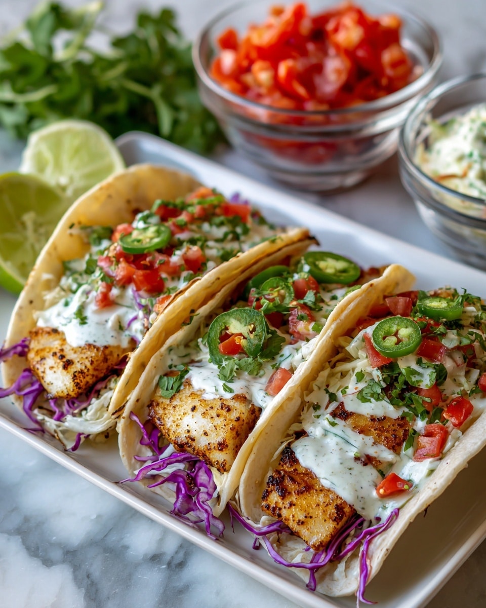 Three tacos are shown on a white rectangular plate with metal taco holders. Each taco has a soft, light beige tortilla with visible grain texture, holding a base layer of shredded purple cabbage. On top of the cabbage are pieces of cooked, light golden brown fish with crispy edges. Each taco is garnished with diced red tomatoes, light green avocado slices, white creamy sauce with green herbs, and thin green jalapeño slices. The plate rests on a white marbled surface, with bowls of diced tomatoes, creamy slaw, and fresh green cilantro around it. A blue plate with lime wedges and tortillas is partially visible nearby. Photo taken with an iphone --ar 4:5 --v 7