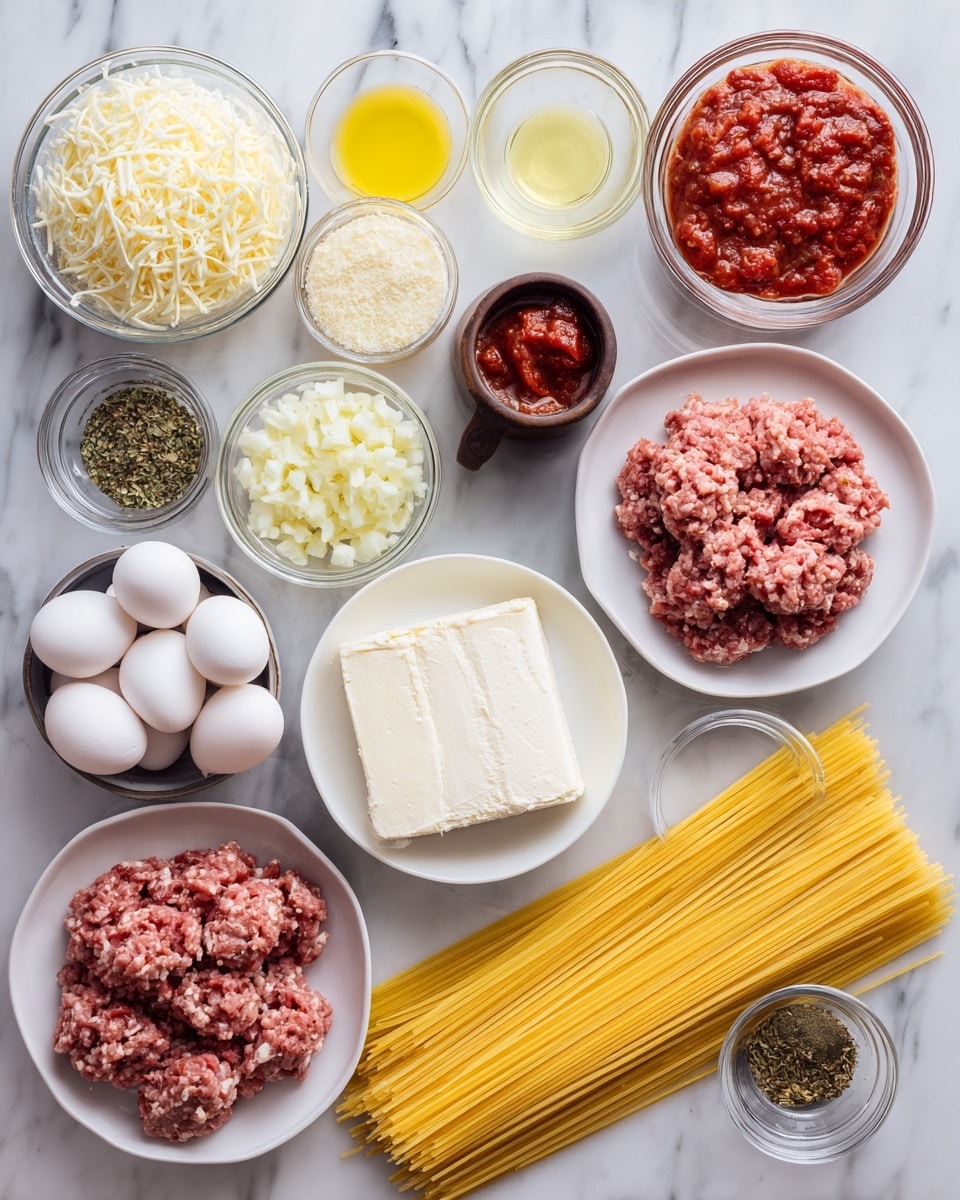 The image shows a flat top-down view of various ingredients for a pasta dish arranged neatly on a white marbled surface. In the center, uncooked yellow spaghetti strands lie horizontally across the scene. Surrounding the spaghetti are clear glass bowls and white plates holding different ingredients: shredded white mozzarella cheese and Italian blend cheese in glass bowls, bright red crushed tomatoes and dark red tomato paste in small glass bowls, a block of creamy white cream cheese in a glass bowl, finely chopped white onion in a glass bowl, golden olive oil and a small pat of pale yellow butter each in small white bowls. There are two white plates with raw ground beef and Italian sausage, both pinkish red with textured meat strands. A small white bowl holds grated pale yellow Parmesan cheese, while salt and Italian seasoning—with green and white specks—are combined in a glass bowl. Finally, a dark wooden bowl contains three white eggs. The whole setup is clean and organized, with labels on each ingredient in bold white text with black outlines, photo taken with an iphone --ar 4:5 --v 7