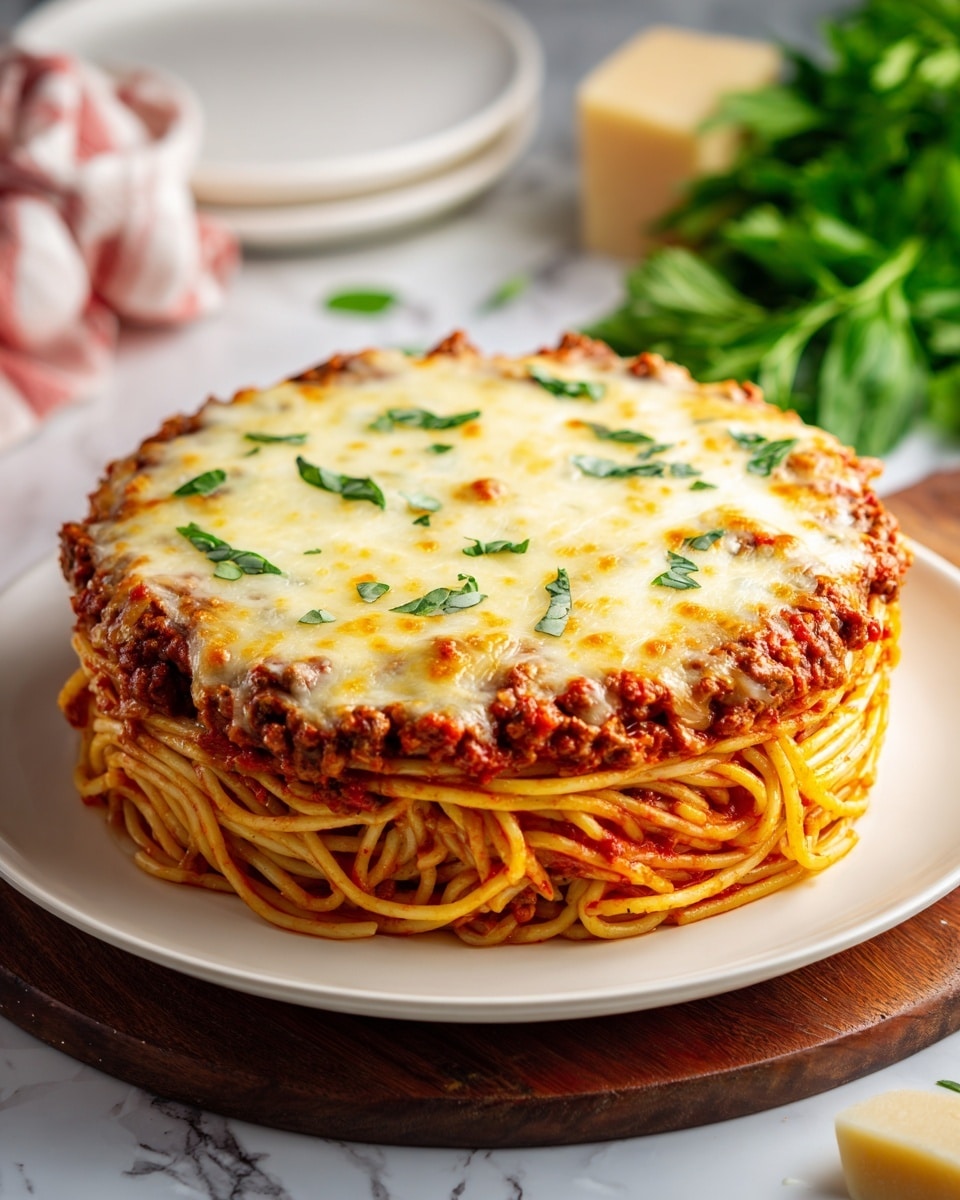 The image shows a round, layered spaghetti pie on a white plate, placed on a brown wooden surface with green basil leaves and parsley as decoration. The bottom and middle layers are made of spaghetti mixed with a red meat sauce, showing scattered bits of ground meat and tomato pieces tightly packed in loops. The top layer is a thick, golden-browned melted cheese with small patches of green herbs sprinkled across it. The whole dish has a neat, firm shape with the noodles visible along the sides and the creamy cheese layer covering the top smoothly. Photo taken with an iphone --ar 4:5 --v 7