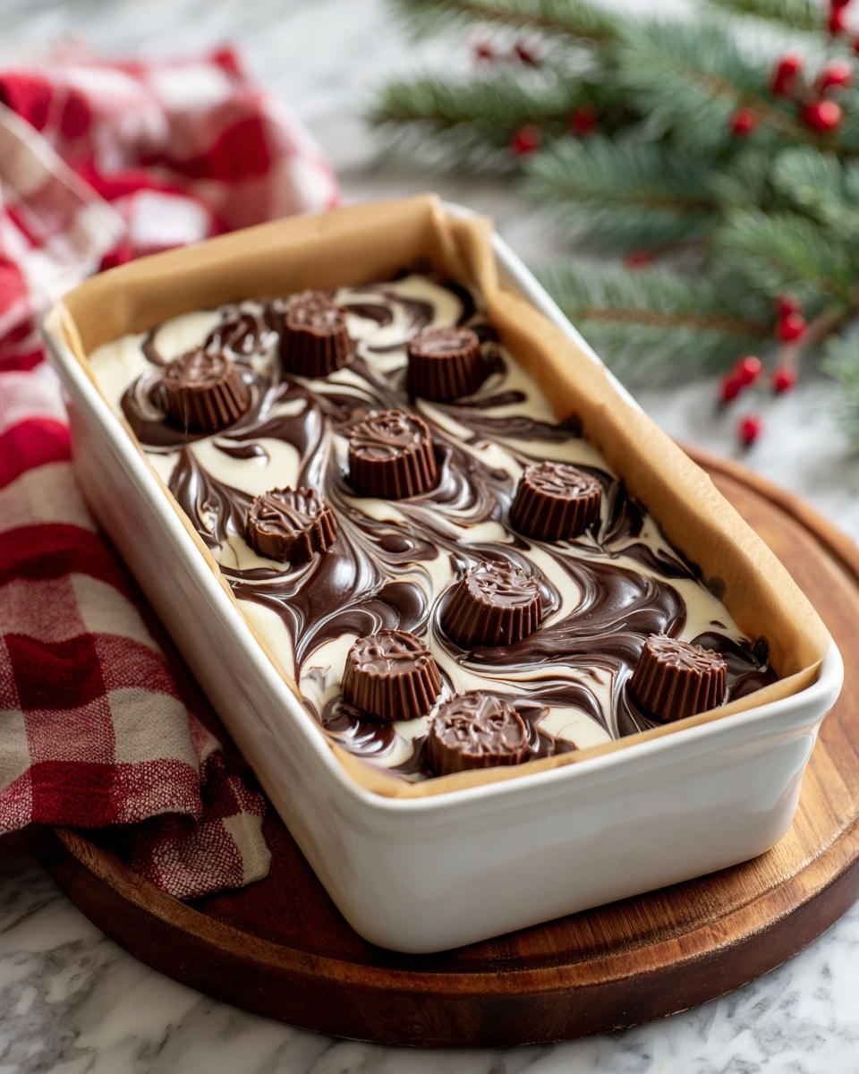 The image shows a rectangular white loaf pan lined with brown parchment paper filled with two visible layers: the bottom layer is creamy white ice cream or a similar dessert, topped with a thick, swirling layer of dark chocolate sauce. Scattered on top are many small pieces of chocolate peanut butter cups, some whole and some halved, creating a textured and inviting topping. The pan is placed on a round light wooden surface, with a white marbled background and some greenery blurred in the background, giving a cozy and natural feel. Photo taken with an iphone --ar 4:5 --v 7