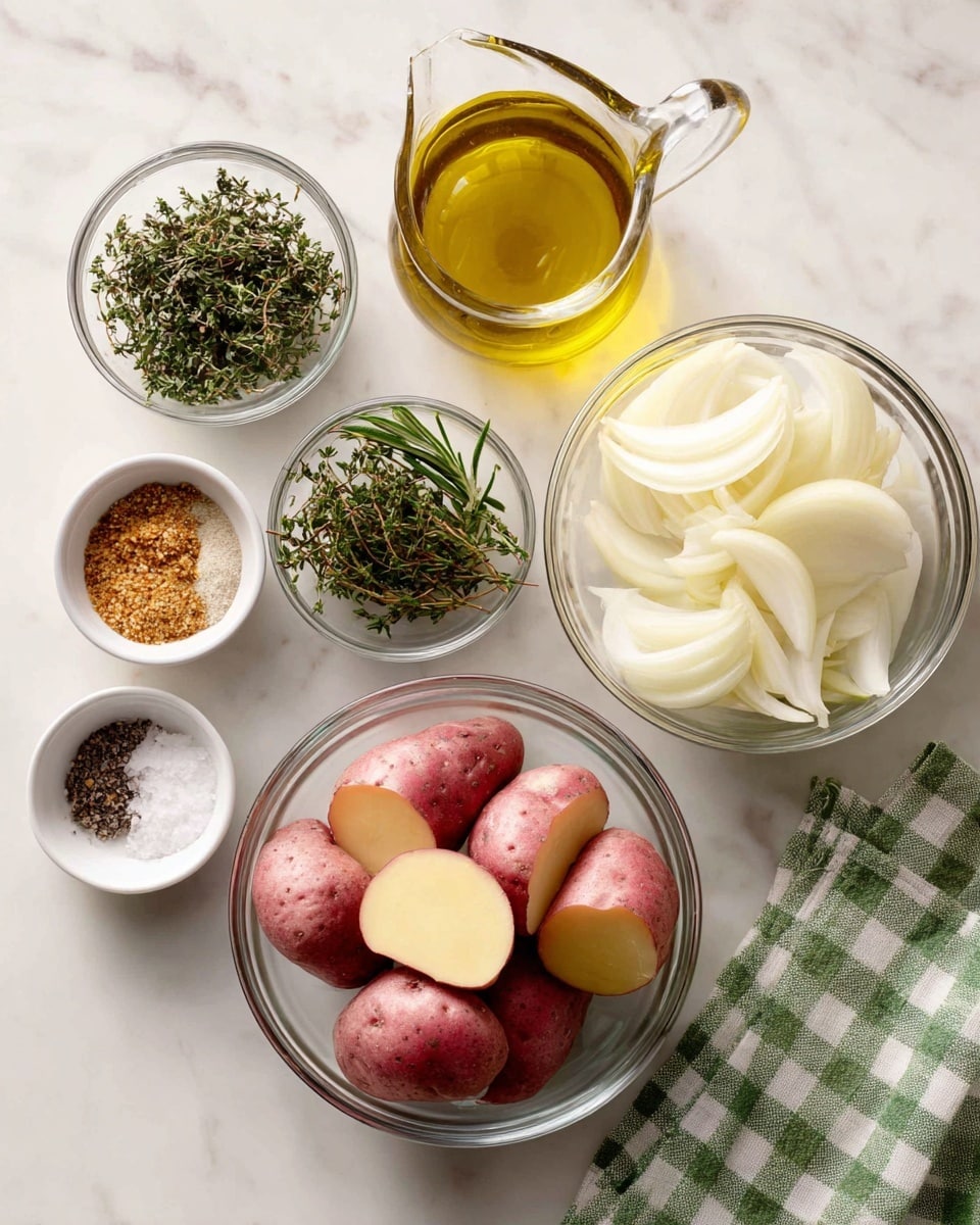 A top view of several small clear glass bowls arranged on a white marbled surface with a green and white checkered cloth on the side. The largest bowl in the center holds quartered red potatoes with smooth red skin and pale yellow inside. To the right, a medium clear bowl contains sliced white sweet onions with a soft texture. Above the potatoes is a small glass cup filled with golden extra virgin olive oil, with a clear handle. To the left, smaller glass bowls hold fresh green rosemary and fresh thyme herbs. Below are two tiny white bowls, one filled with coarse black pepper and the other with white kosher salt. At the upper left corner, another small clear bowl holds a brown and yellow textured whole grain mustard. All items are neatly arranged on the smooth white marbled surface. Photo taken with an iphone --ar 4:5 --v 7