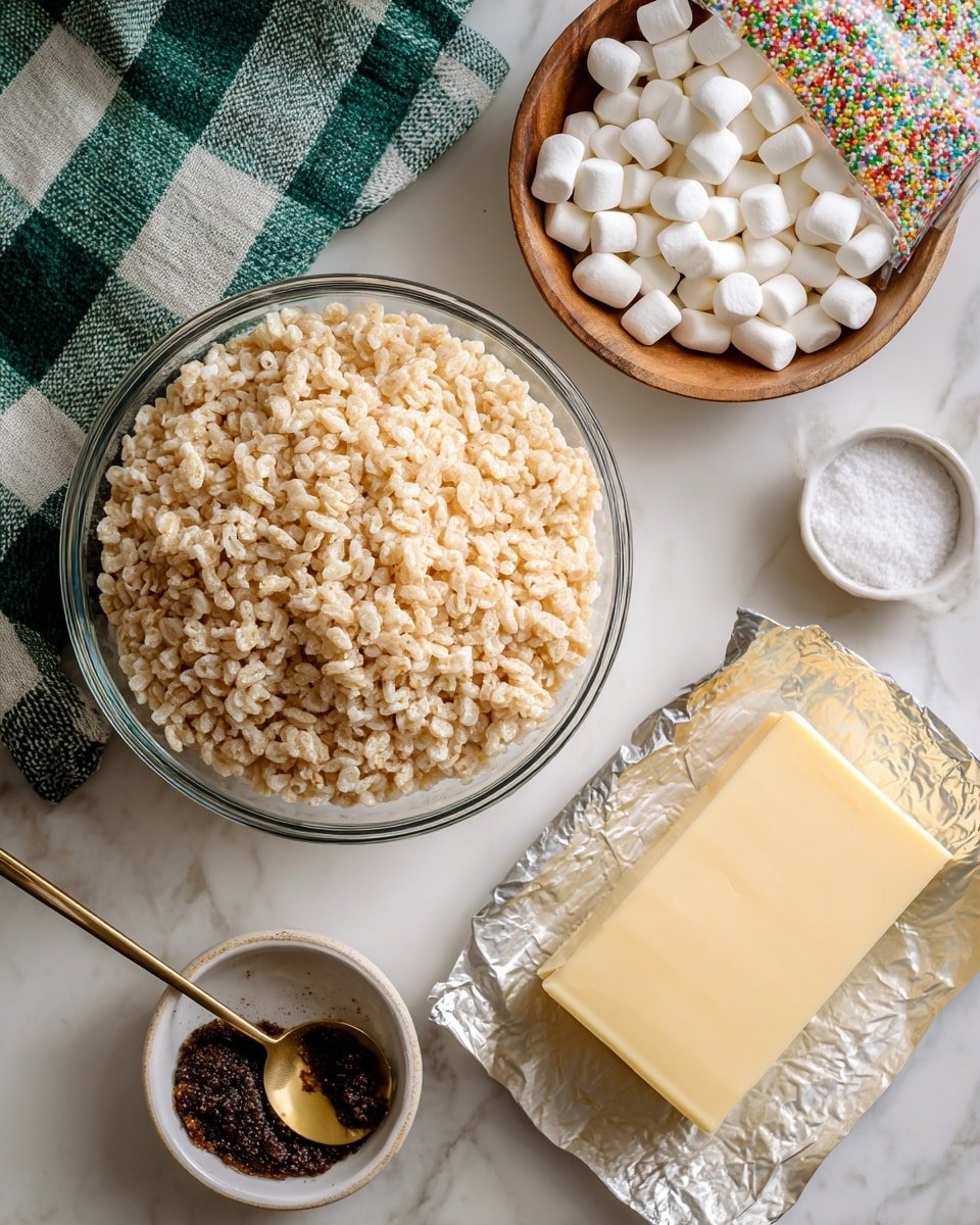A clear glass bowl full of light beige crispy rice cereal sits on a white marbled surface, next to a colorful open bag of mini white marshmallows that spill slightly onto the surface. Nearby, a rectangular block of yellow unsalted butter rests on silver foil, placed next to a small wooden bowl filled with coarse kosher salt and a gold measuring spoon inside it. There is also a small white dish with dark brown vanilla bean paste in the center. A green and white checkered cloth adds a soft touch to the top left corner. Photo taken with an iphone --ar 4:5 --v 7