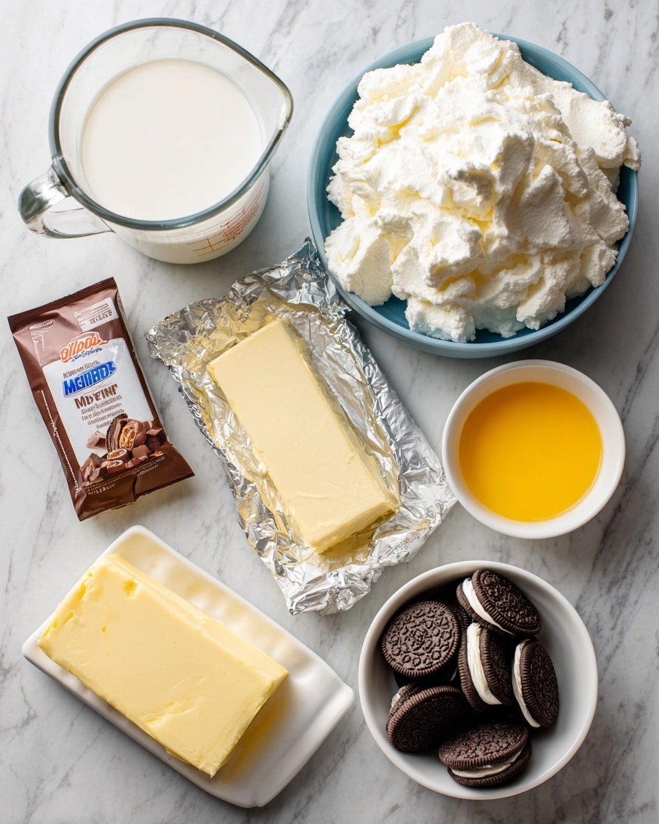 The image shows several ingredients arranged neatly on a white marbled surface. On the left, there is a clear glass measuring cup filled with white whole milk. Next to it, a small brown packet labeled as instant chocolate pudding mix lies flat, accompanied by a box showing the pudding image. Toward the center, a rectangular block of cream cheese wrapped partially in foil sits beside a small white bowl filled with bright yellow melted butter. To the right, a white bowl is filled with dark chocolate sandwich cookies with white cream inside. Behind the milk and pudding is a blue bowl piled high with fluffy, white homemade cool whip. The overall scene is clean and simple, laid out for easy use photo taken with an iphone --ar 4:5 --v 7