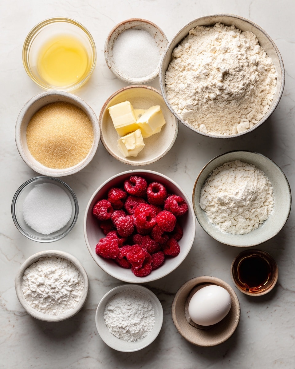 The image shows a white marbled surface with various clear glass bowls and small white bowls arranged in a neat layout, each filled with different baking ingredients. The largest bowl on the right holds light beige all-purpose flour, and in the center, a medium white bowl contains bright red frozen raspberries with a slightly frosty texture. Smaller bowls across the surface contain off-white powdered sugar, golden light brown sugar, pale yellow melted salted butter, white cornstarch, and granulated sugar in a light beige color. There are also tiny bowls with white baking powder, white baking soda, salt, and lemon zest, along with a clear small bowl filled with pale yellow lemon juice. A single whole white egg rests in a small clear bowl near the bottom right, next to a small dark brown container holding pure vanilla extract. All items are evenly spaced on the white marbled background, presenting a clean and organized baking setup. Photo taken with an iphone --ar 4:5 --v 7