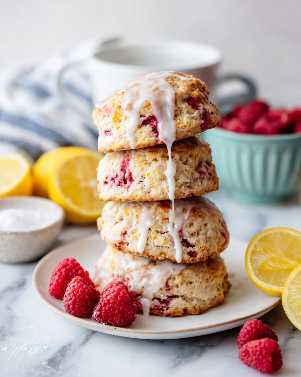 A stack of four round, thick pancakes with swirls of deep red raspberries is placed in the center of a white plate, with a few whole raspberries resting at the base. A creamy white sauce is being poured over the top pancake, dripping down the sides. In the background, there are two halves of a bright yellow lemon, a white bowl filled with fresh raspberries, and a small white dish with yellow lemon zest. The scene is set on a white marbled surface with a blue and white striped cloth partially visible. Photo taken with an iphone --ar 4:5 --v 7
