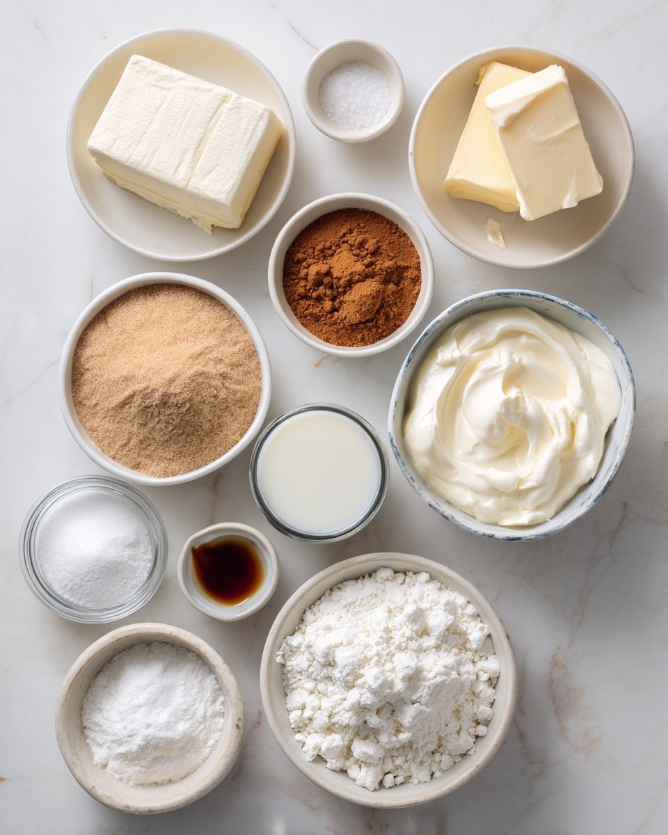 The image shows several small white bowls arranged neatly on a white marbled surface. There are two cans of organic crescent dough rolls placed in the middle, with one bowl holding a block of cream cheese in the top left, a bowl with two slices of butter at the top right, and a bowl filled with heavy cream on the right. Below the butter, a bowl contains ground cinnamon, and next to it on the left is a bowl with light brown sugar. In the bottom left corner, a bowl has powdered sugar, and above it is a small bowl with milk. A bowl with vanilla extract is placed close to the middle, and a tiny bowl of salt is next to the cream cheese. Each ingredient looks distinct in color and texture, set clearly against the white marbled background photo taken with an iphone --ar 4:5 --v 7