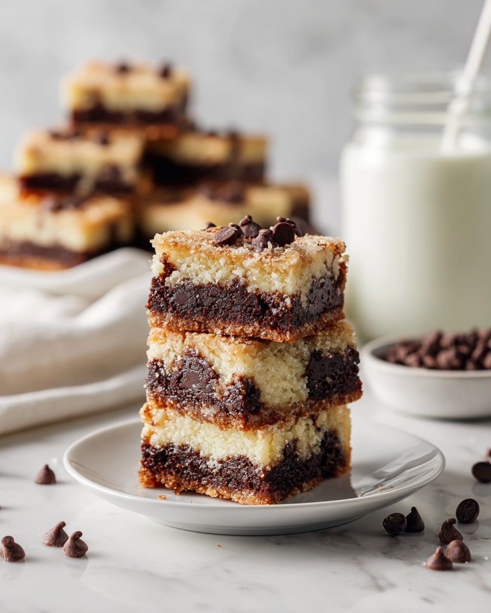 A stack of three square dessert bars with three visible layers: a light golden brown top layer with a soft, crumbly texture and some scattered chocolate chips on it; a middle dark brown fudgy chocolate layer with a slightly melted look; and a bottom light golden brown cookie layer embedded with many chocolate chips. The desserts sit on a round white plate placed on a white marbled surface, with loose chocolate chips scattered around. In the background, there is a tall glass jar filled with white milk and a white bowl filled with chocolate chips near the plate. More squares of the dessert pile up on two white plates further back, along with a blue cloth adding a soft touch to the scene. Photo taken with an iphone --ar 4:5 --v 7