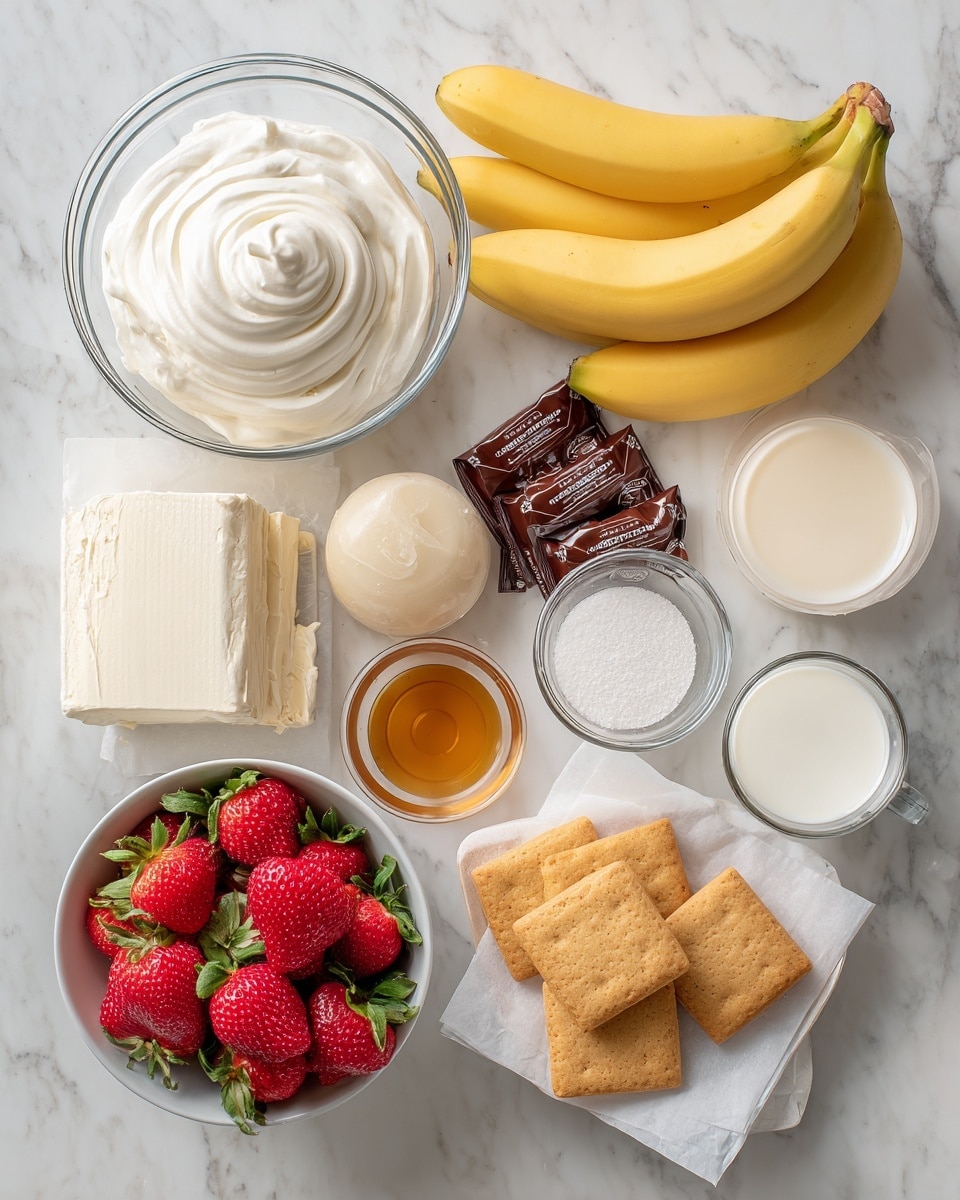 A white marbled surface holds several ingredients arranged neatly. In the top left, a clear glass bowl filled with smooth, white homemade cool whip sits. To its right, a bunch of bright yellow bananas lay diagonally. Next to the bananas, a package of cream cheese is unwrapped with a block of white cream cheese showing. Below these, there is a small glass filled with pale cream-colored condensed milk, and to its right, a clear glass of white whole milk. Near the center, two sealed brown packets of instant pudding lie above a small white dish of granulated sugar. To the right of the sugar, a clear glass container has a few square, golden chessman cookies stacked neatly on white paper. To the bottom left, a white bowl full of rich red strawberries with green tops sits. Between the milk glasses and cookies, a small white cup holds golden vanilla extract. The whole scene is lit brightly and arranged on a clean white marbled surface, photo taken with an iphone --ar 4:5 --v 7
