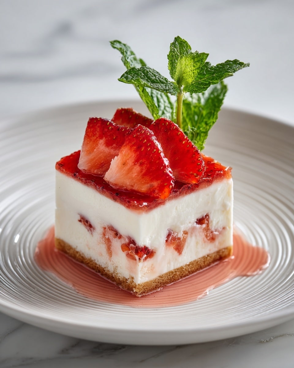A small square dessert sits in the middle of a white plate with subtle raised lines radiating from the center. The dessert has two layers: a creamy, light-colored base with visible pieces of bright red strawberries inside, and a thin, golden-brown biscuit layer on top. On the biscuit layer, thinly sliced strawberries are neatly arranged in a fan shape, displaying their red and white interiors. To the left of the dessert, a fresh green sprig of mint adds a pop of color. A light pink syrup pools gently around the dessert, creating a soft, glossy texture. The plate rests on a white marbled surface, and part of a red-and-white striped cloth is visible in the background. Photo taken with an iphone --ar 4:5 --v 7