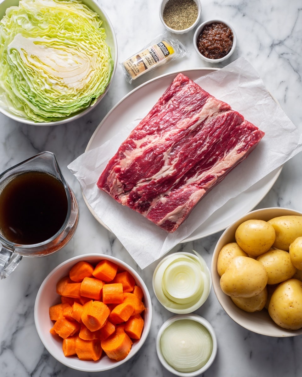 A white plate in the center holds a large piece of red corned beef brisket with white fat marbling, placed on a piece of white parchment paper. Above it to the left is a white bowl filled with light green layered wedges of green cabbage. To the right, a white bowl contains yellow Yukon Gold potatoes cut into halves and quarters. Below the potatoes is a white bowl with slice rings of white onion. Next to the onion, a white bowl holds orange carrots cut into large, uneven chunks. To the top right, there are small white dishes with dark brown beef paste labeled beef better than bouillon, dark brown Worcestershire sauce, a grainy spice packet with bay leaves, and a light yellow whole grain mustard. At the bottom left is a glass cup filled with dark beef broth. All these dishes and ingredients are arranged neatly on a white marbled surface photo taken with an iphone --ar 4:5 --v 7