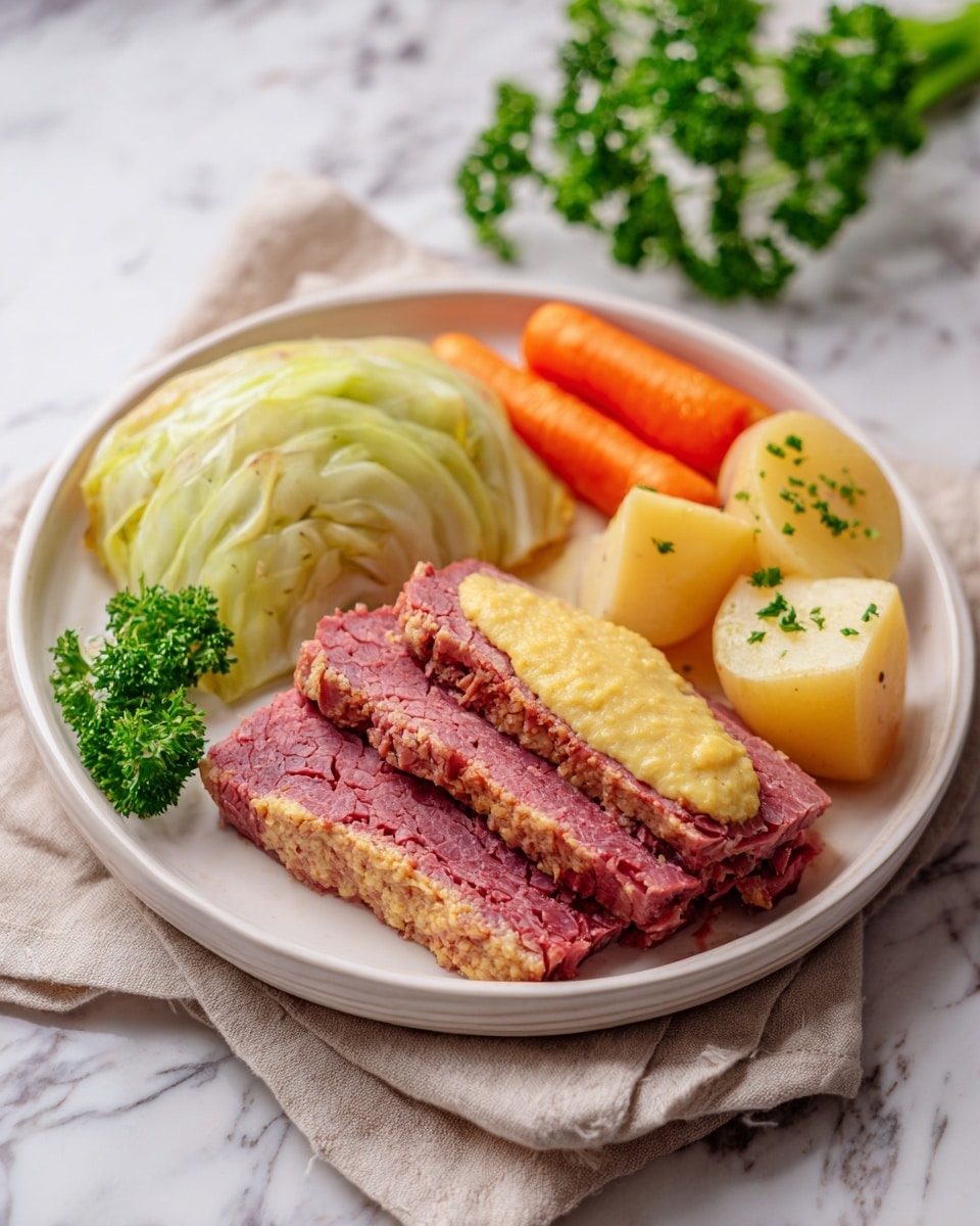 A white plate holds a large slice of pinkish-red cooked meat topped with a thick line of grainy yellow mustard placed in the front center. Behind the meat, there are two chunky yellow potato pieces sprinkled with green herbs, and to the right, several small orange carrot sticks lay flat. On the left side of the plate, there is a portion of light green cabbage leaves, some curled and layered. The plate sits on a beige cloth, and the background shows a white marbled surface with another plate and small bowls blurred in the distance. Photo taken with an iphone --ar 4:5 --v 7