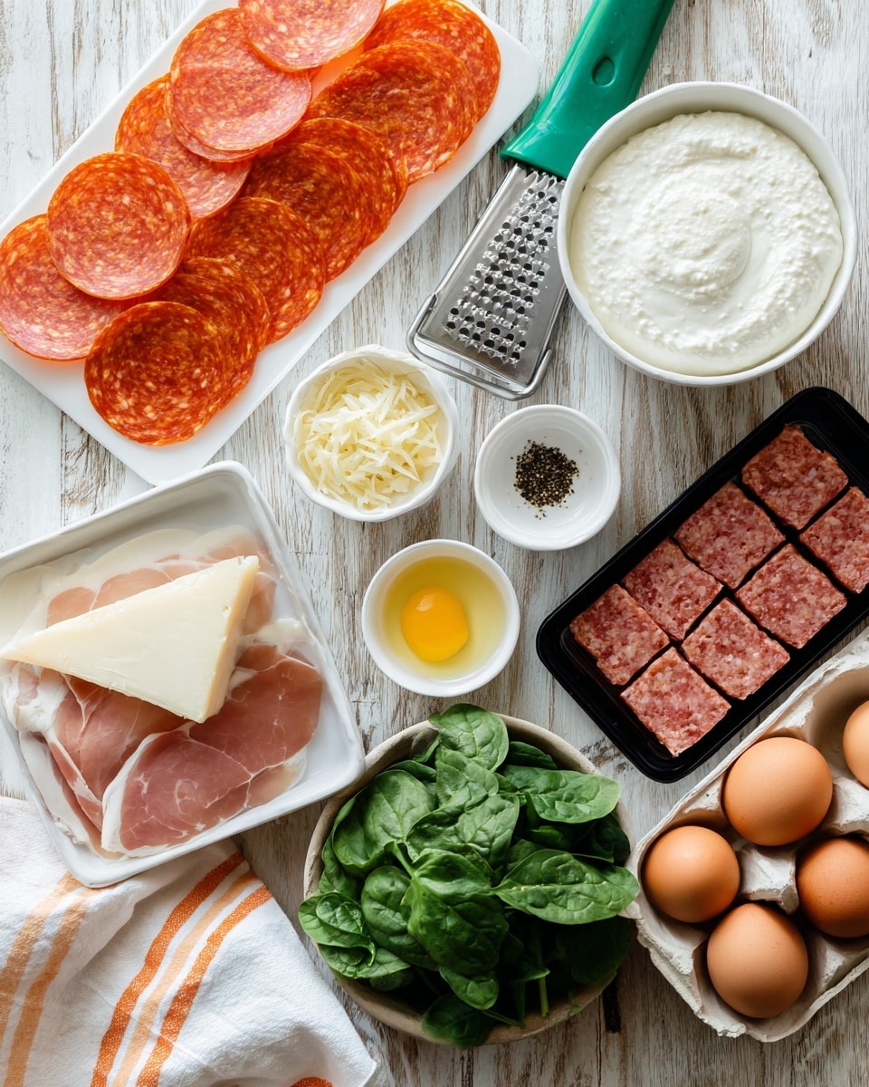 The image shows various ingredients arranged neatly on a light wooden surface, now described as white marbled texture. There is a stack of thin round pepperoni slices in a red-orange color next to a few slices of pink prosciutto meat layered slightly overlapping on the left side. Above the meats is a green-handled grater with a wedge of pale yellow Parmesan cheese. In the center are small white bowls holding black pepper and salt, light yellow minced garlic, and a ball of white mozzarella cheese. Nearby is a container filled with smooth white whole milk ricotta cheese. To the right, bright green baby spinach leaves are grouped together. A black plastic tray holds square pieces of cooked Italian sausage in a reddish-brown color. In the upper right corner, brown eggs rest in a white ceramic egg tray. A white cloth with beige and orange stripes is partially visible at the bottom. Photo taken with an iphone --ar 4:5 --v 7