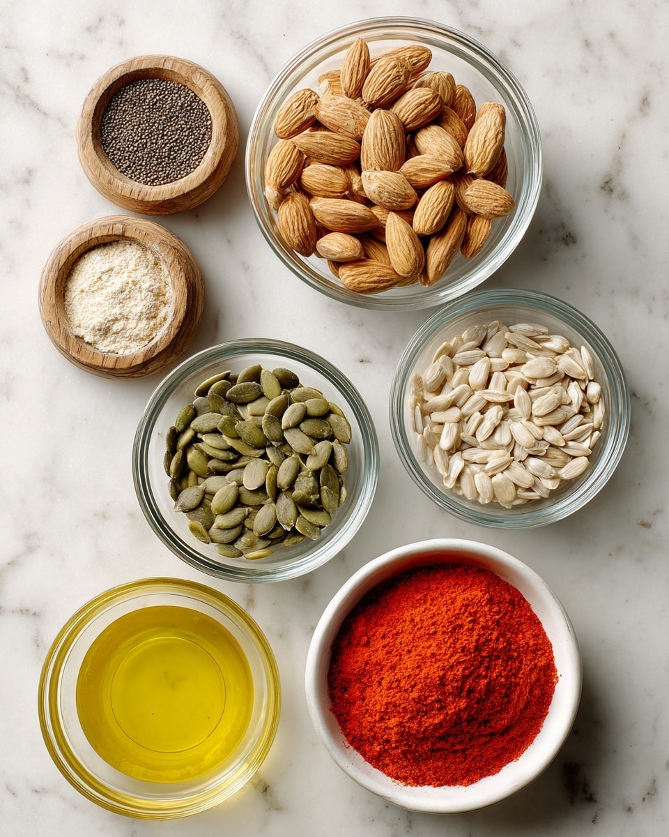 The image shows six small clear glass bowls arranged on a white marbled surface. At the top center is a bowl filled with light brown almonds, with their textured surfaces visible. Below it, there are two bowls side by side: to the left, a bowl with green pumpkin seeds, smooth and flat, and to the right, a bowl filled with pale beige sunflower seeds, slightly shiny. At the bottom row, from left to right, there is a small bowl with light beige garlic powder, a bowl of yellow oil in the center, and a white bowl filled with bright red Tajin powder, fine in texture. To the left of the bowls, two round wooden containers with dark grains on top sit on the white marbled surface. photo taken with an iphone --ar 4:5 --v 7