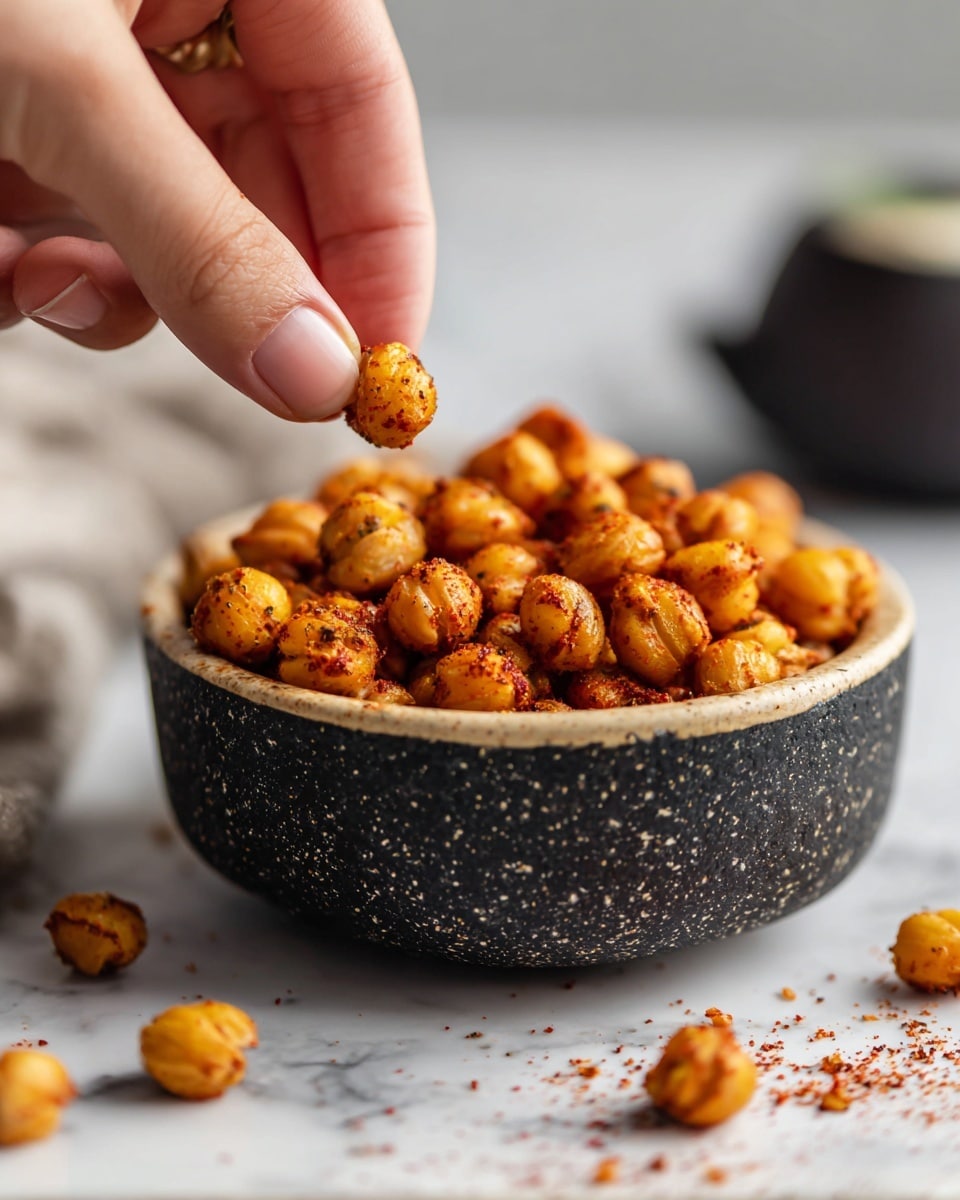 A close-up image of a small white ceramic cup filled with crispy roasted chickpeas that are golden with reddish-brown seasoning sprinkled all over. The cup is placed on a white marbled surface, with more chickpeas scattered around it. A woman's hand is reaching into the cup, pinching a couple of chickpeas between thumb and forefinger. The background is softly blurred. photo taken with an iphone --ar 4:5 --v 7