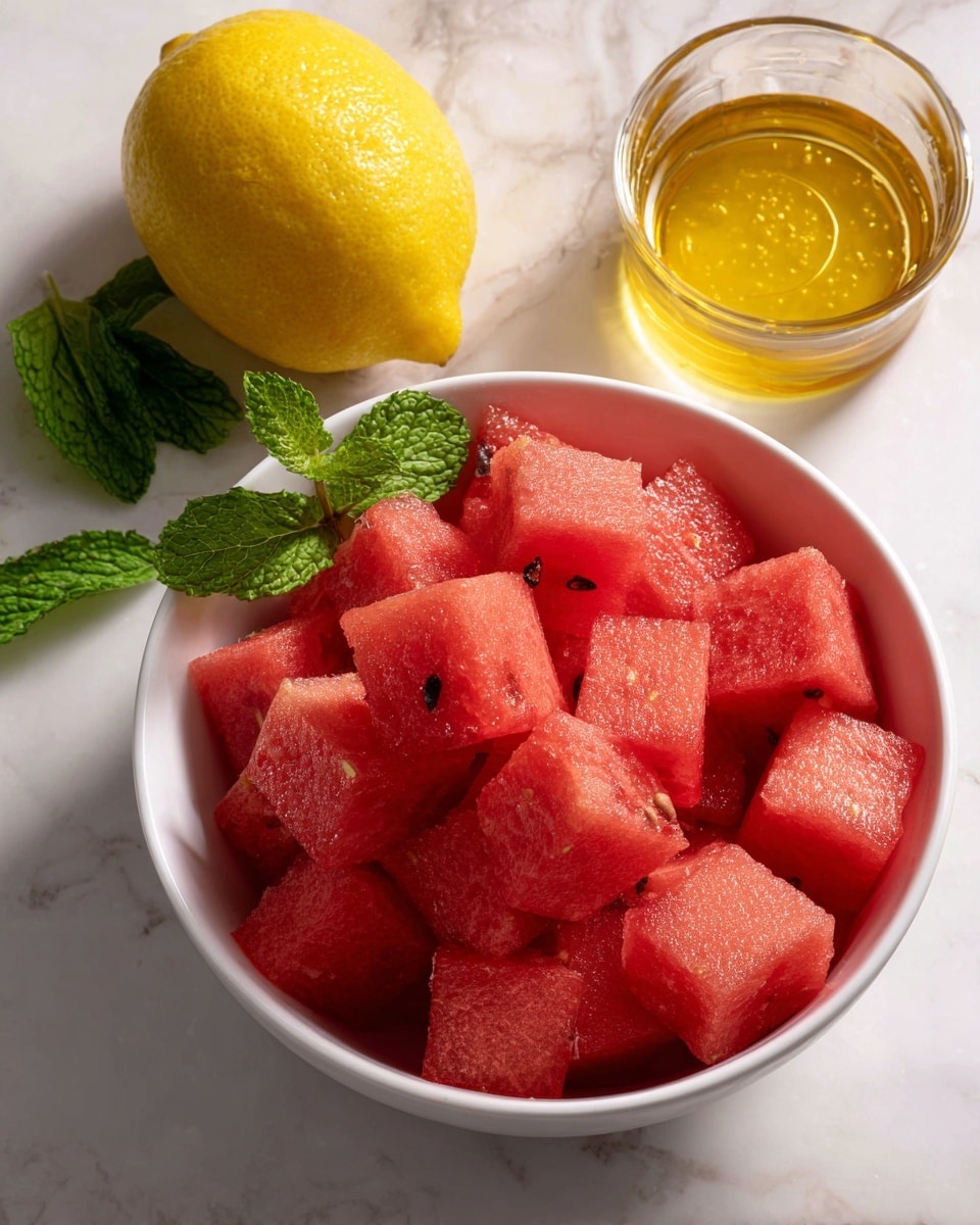 A white bowl is filled with bright red cubes of watermelon, showing some black seeds inside the fruit pieces, stacked unevenly. Next to the bowl is a glass container of light golden honey and a whole yellow lemon with two green mint leaves resting beside it. All items are placed on a white marbled surface. photo taken with an iphone --ar 4:5 --v 7