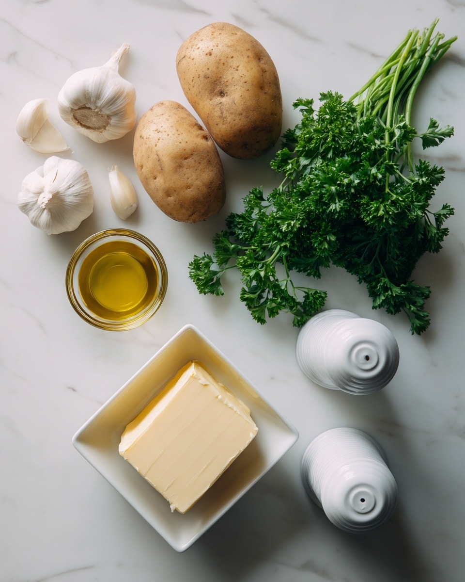 The image shows cooking ingredients arranged on a white marbled surface. There are two whole potatoes with a rough, light brown skin at the top center. To the left, there are three garlic cloves, white with smooth skin. Below the garlic, a bunch of fresh parsley with dark green curly leaves is visible. In the middle, there is a small clear glass cup filled with golden yellow olive oil. At the bottom right, a square white bowl holds a thick, pale yellow block of butter with a slightly uneven surface. Next to the bowl, two white ceramic containers for salt and pepper stand side by side, both cylindrical with ridges on the sides. photo taken with an iphone --ar 4:5 --v 7