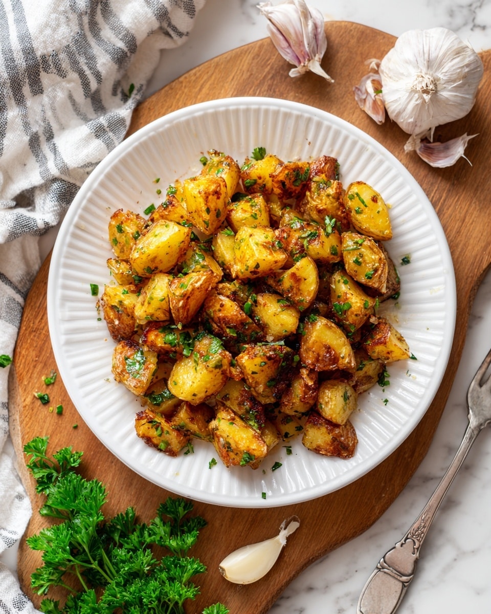 A white round plate holds roasted potato cubes that are golden brown on the edges and light yellow in the middle. The potatoes are mixed with small green parsley pieces and bits of white garlic that create a fresh look. The plate is placed on a wooden board, with green parsley and garlic cloves to the left side. A silver spoon and fork lay diagonally on a white and gray striped towel on the right side. The background is a white marbled surface. Photo taken with an iphone --ar 4:5 --v 7