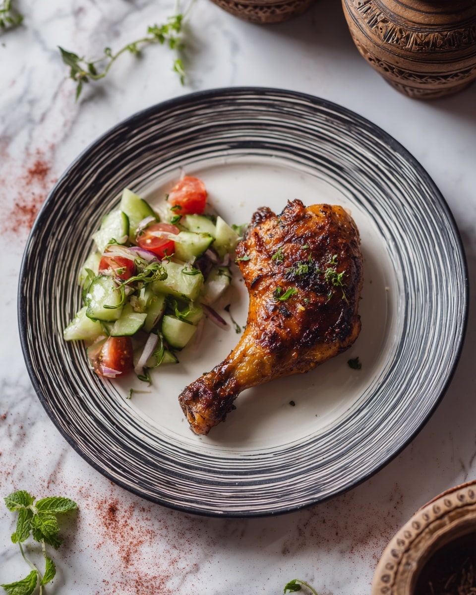 The image shows one cooked chicken leg with a dark brown, slightly charred texture and sprinkled green herbs on top, placed on a black plate with concentric circles. Next to the chicken leg is a small side of vegetable salad consisting of cucumber slices, red tomato pieces, green chili slices, and fresh green mint leaves. The plate is set on a white marbled surface with some red spice scattered around, alongside small brown containers partially visible. photo taken with an iphone --ar 4:5 --v 7