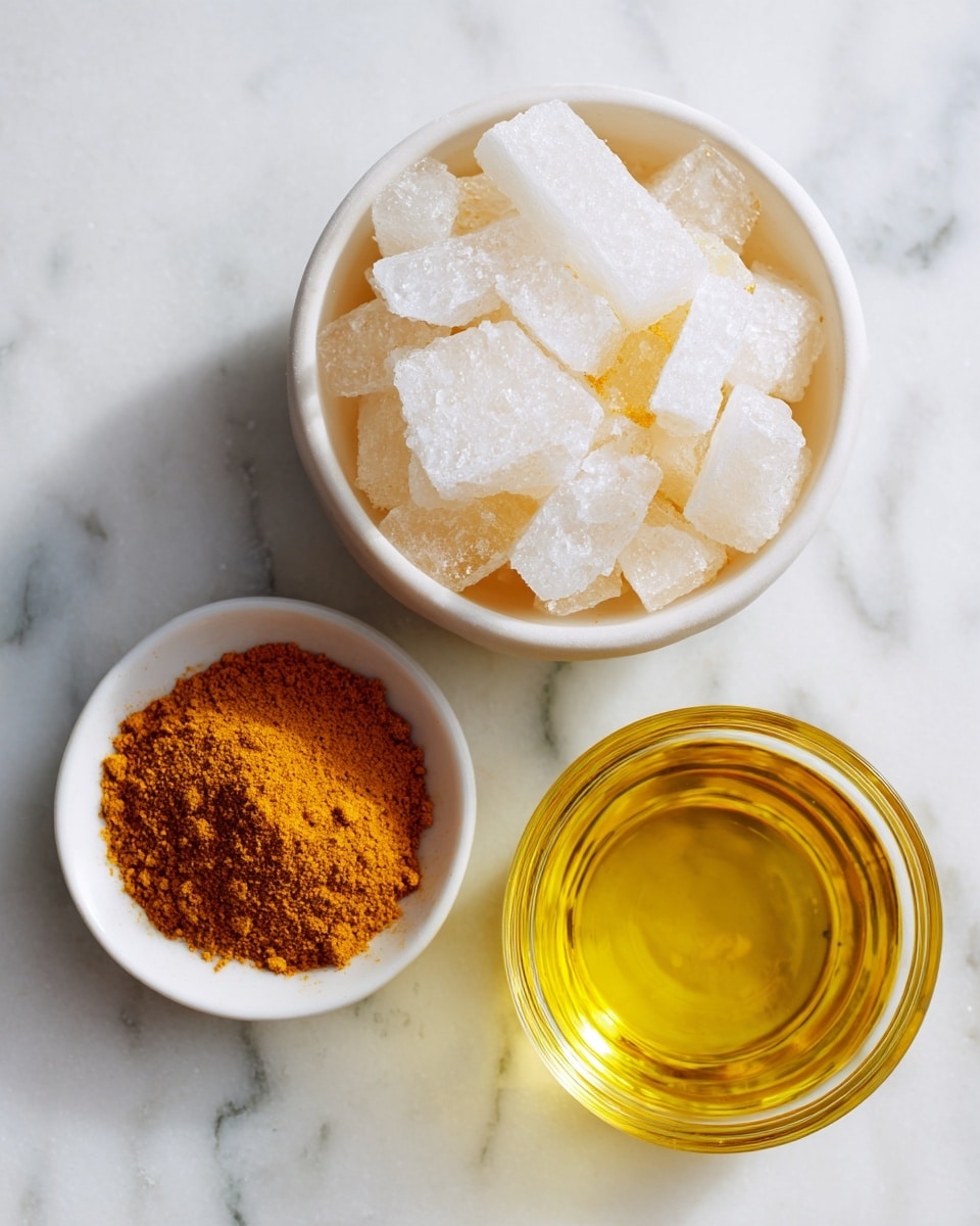 A white bowl filled with frozen white fries sits on the left, showing a rough icy texture. To the right, a small white bowl holds a pile of orange-brown curry powder with a fine, grainy texture. Below the curry powder bowl, there is a clear glass container filled with golden yellow oil, reflecting light on its smooth surface. All items are placed on a white marbled texture surface. photo taken with an iphone --ar 4:5 --v 7