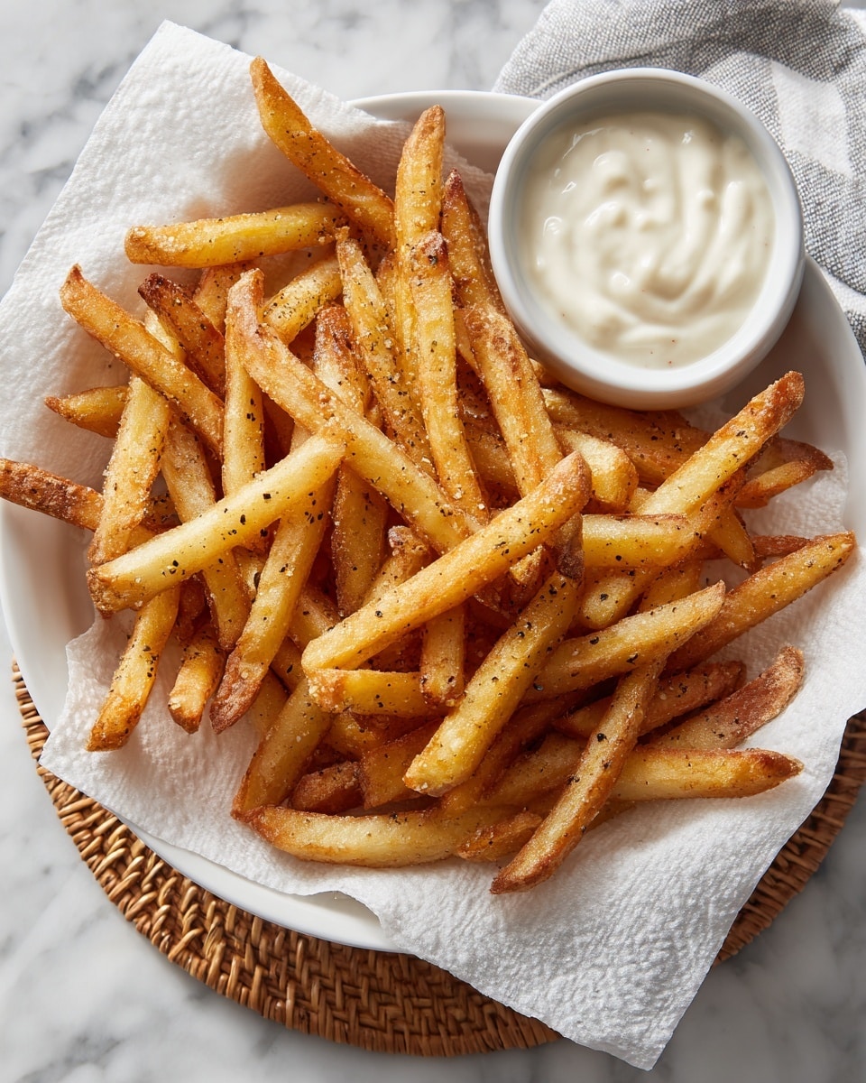 A white bowl lined with a white paper napkin filled with golden-brown French fries seasoned with small dark spice specks, fries standing upright and overlapping in different directions showing a crispy texture. To the upper right, there is a white bowl on a small round woven coaster, filled with smooth, creamy white dipping sauce with a slight swirl on top. All is placed on a white marbled surface. photo taken with an iphone --ar 4:5 --v 7