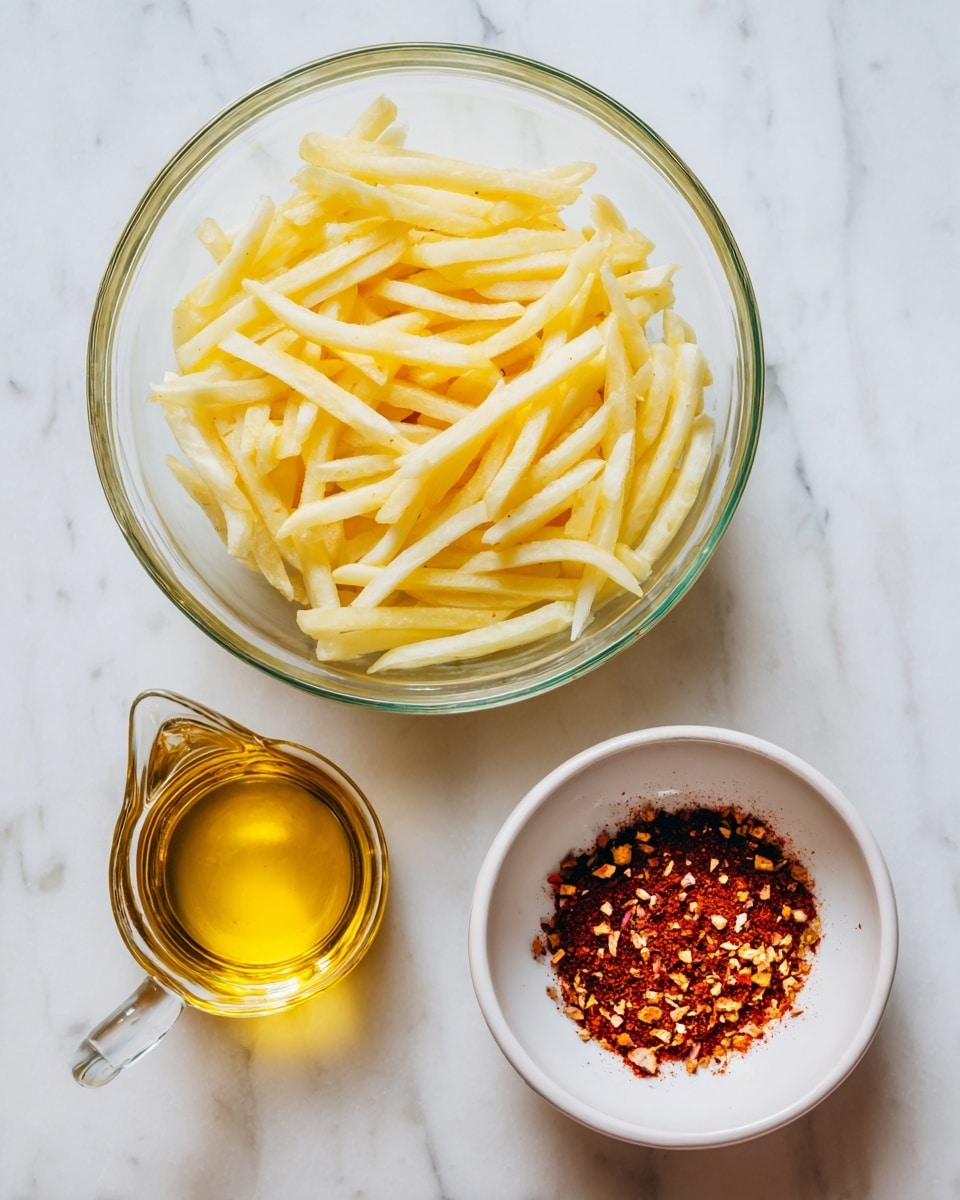 A clear glass bowl filled with thick, pale yellow raw fries soaked in water is placed on a white marbled texture. To the right, there is a small clear glass jug filled with golden yellow oil. Below it, a white bowl contains reddish-brown peri-peri seasoning with visible small bits of herbs and spices. The scene is bright and simple, showcasing three key ingredients clearly and separately. Photo taken with an iphone --ar 4:5 --v 7