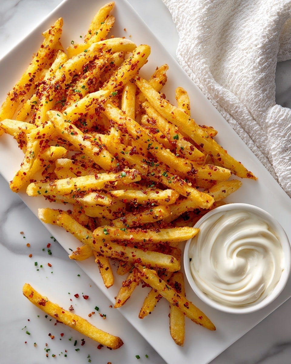 A rectangular white speckled plate holds a pile of golden-brown French fries, each fry covered with a reddish spice mix that includes bits of crushed chili flakes and herbs. The fries have a slightly crispy texture and vary in size, some appearing thicker and others thinner. A single fry lies outside the plate at the bottom center. Above the plate, there is a small white bowl filled with smooth, thick white dipping sauce that has a swirled peak in the center. To the right, a white textured cloth with a waffle pattern is partially visible on a white marbled surface scattered with a few red spice flakes. photo taken with an iphone --ar 4:5 --v 7