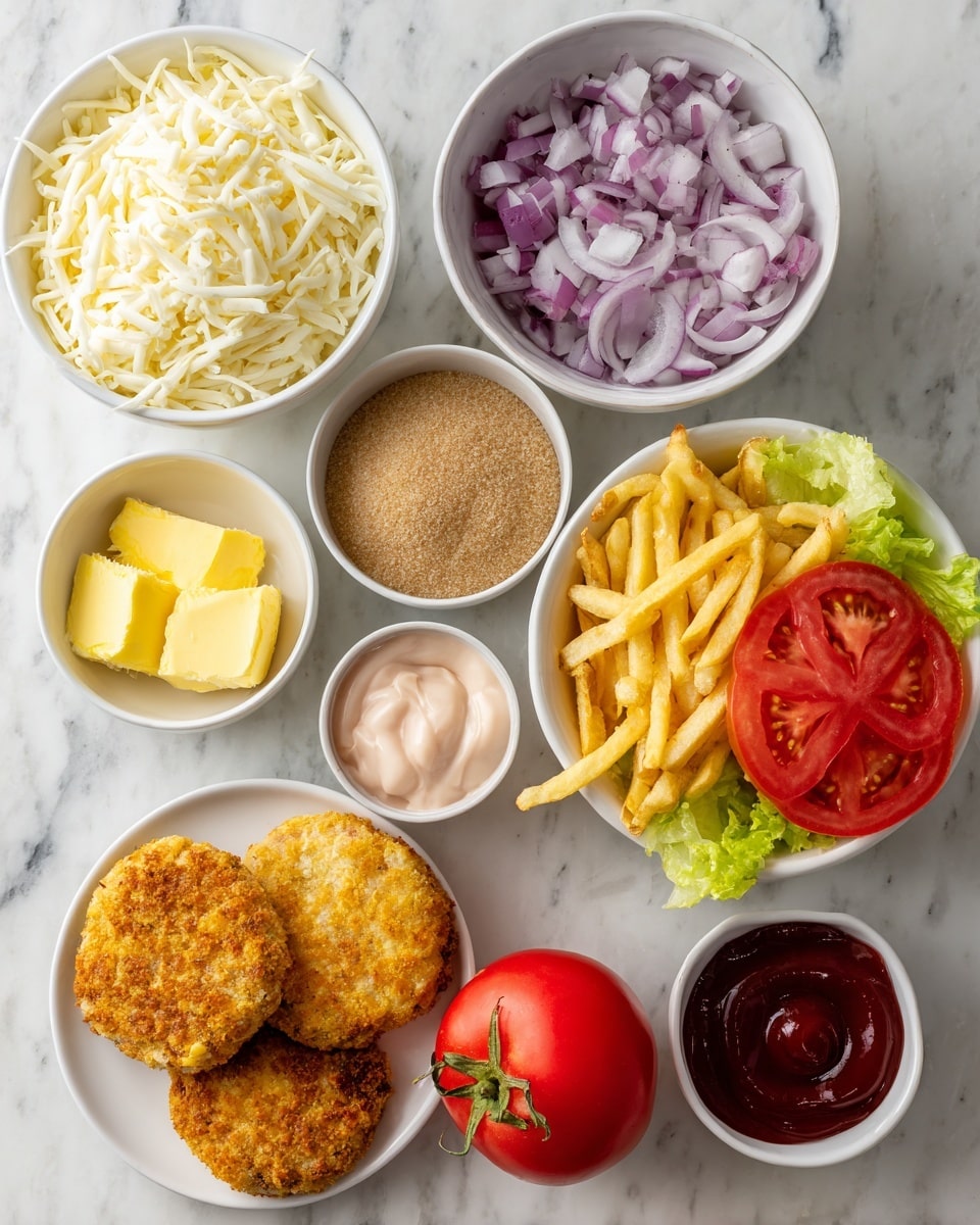 The image shows several small white bowls and one white plate on a white marbled surface, each holding different food items. There is a bowl of shredded white cheese, a bowl of diced red onion with light and dark purple pieces, and a bowl of frozen French fries that are light yellow and covered in frost. Another bowl holds light brown soft brown sugar, and a small bowl contains yellow butter. There is a bowl with two round golden-brown burger patties that have a crispy texture on the outside. The white plate has a whole bright red tomato and pale green lettuce leaves next to it. Also shown is a small white bowl of pale pinkish mayo and a small white bowl filled with dark red ketchup. The items are neatly arranged with space between them. Photo taken with an iphone --ar 4:5 --v 7