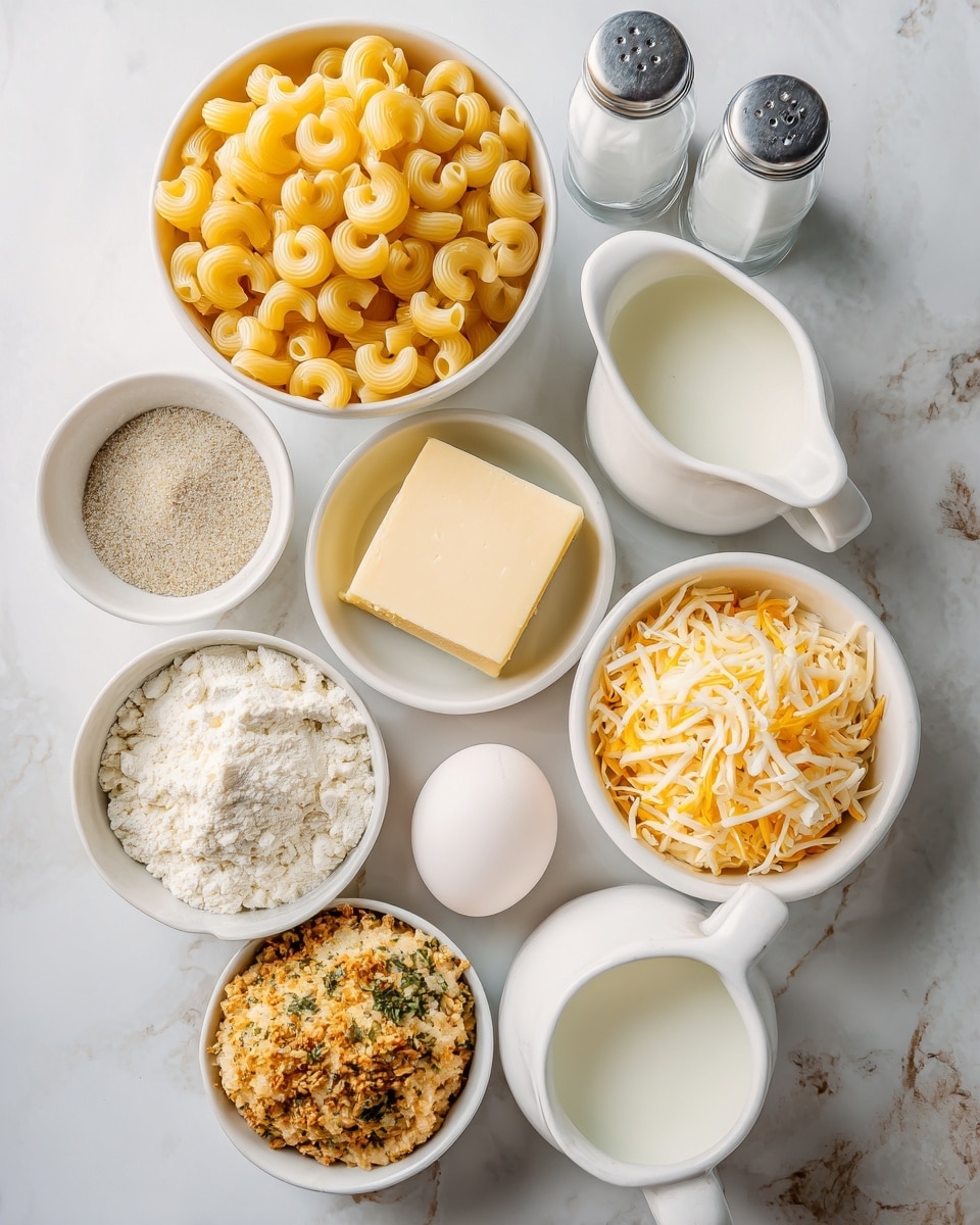 A top view of several small white dishes and a white pitcher arranged on a white marbled surface, each holding different cooking ingredients: a white bowl filled with uncooked yellow macaroni pasta, a white bowl with light brown garlic powder, two small white shakers with salt and pepper, a white bowl containing a solid square of pale yellow butter, a white bowl filled with white flour, a white bowl holding shredded cheese with shades of pale yellow and light orange, a small white bowl containing a single white egg, a small white bowl filled with golden brown seasoned breadcrumbs with green herbs, and a white pitcher holding white heavy cream. photo taken with an iphone --ar 4:5 --v 7