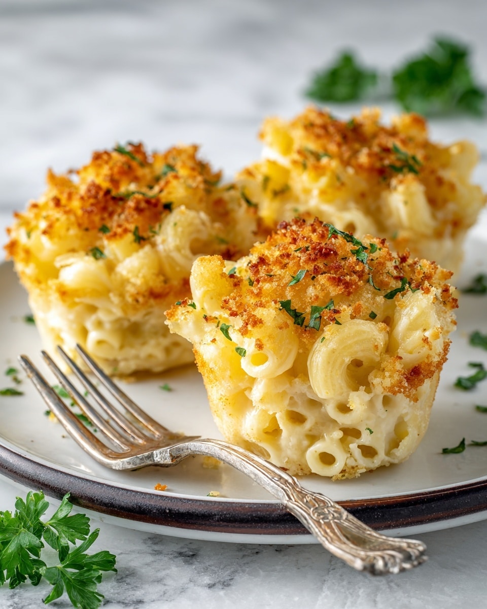 Three macaroni and cheese muffins sit stacked on a white plate with a dark rim, each muffin showing layers of creamy yellow pasta pieces tightly packed together with a golden brown breadcrumb topping sprinkled with bits of green herbs. The top muffin is positioned slightly above and in front of the others, emphasizing the crispy texture on the surface. A silver fork lies beside the plate, and some green parsley peeks from the corner, all on a white marbled texture surface. Photo taken with an iphone --ar 4:5 --v 7