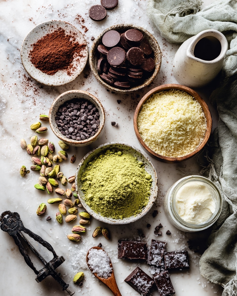 A flat layout of various ingredients is arranged on a white marbled surface; at the top center is a small rustic bowl filled with dark brown chocolate discs, to its left is a small plate with reddish cocoa powder, and below scattered pistachio nuts and their shells spread across the middle area. Near the bottom center, there is a white bowl Heaped with green pistachio powder, next to it on the right is a wooden bowl filled with light yellow grated cheese or nut powder. Towards the bottom, a jar with white creamy substance sits beside a small white bowl with dark chocolate chips on a wooden spoon. On the right side, rustic black nutcracker is placed beside a small white wooden bowl filled with coarse salt. A light green cloth is partly wrapped around a white ceramic jug at the top right corner. photo taken with an iphone --ar 4:5 --v 7