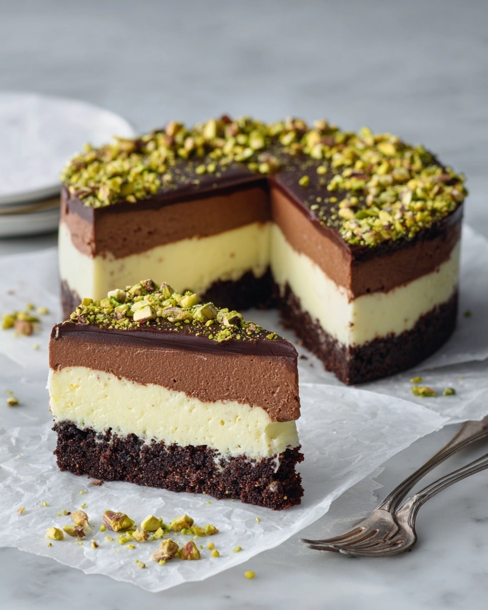 A round chocolate cake with three visible layers sits on white marbled paper. The bottom layer is dark and crumbly like cookie crust. Above it, a bright yellow creamy layer peeks out, topped by a thick, smooth dark chocolate mousse layer. The top of the cake is decorated with crushed green pistachios scattered over the chocolate surface. A single slice of the cake is set in front, showing all the layers clearly. The slice’s top is also sprinkled with pistachios. In the background, the cake with some pieces missing is on the same white marbled surface, and a wooden bowl holds extra crushed pistachios. The photo taken with an iphone --ar 4:5 --v 7
