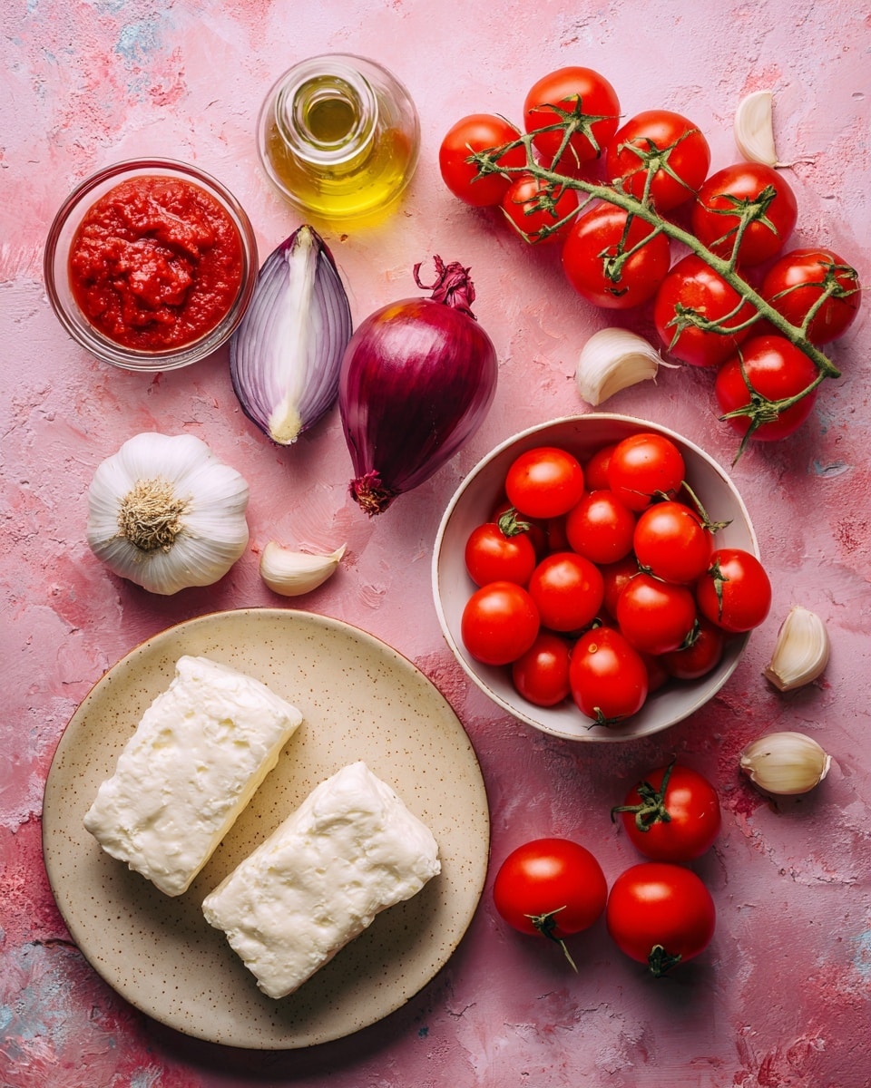 The image shows fresh ingredients spread out on a pink textured surface. In the center right, a white bowl holds many small, round red cherry tomatoes. Above it, a green vine with five big, bright red tomatoes rests on the surface. Below the bowl, a few loose red tomatoes are placed. To the left of the bowl, a half of a purple onion sits beside a small white bowl filled with red tomato paste. Above the onion and bowl is a tall clear bottle with light yellow liquid, likely olive oil. At the bottom left, two large white blocks of cheese rest on a beige speckled plate, and near them, whole garlic bulbs and a few cloves are scattered. photo taken with an iphone --ar 4:5 --v 7