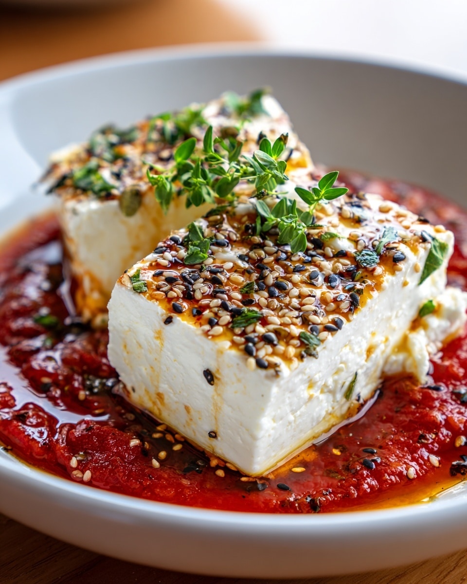 This dish shows one large, rectangular white layer of soft cheese with some light yellow and golden brown touches, sitting on a thick, rich, dark reddish-brown sauce with some textured spots and small sesame seeds spread across. The sauce has some roasted cherry tomato pieces visible in some areas around the cheese. The cheese layer is partially cracked with creamy soft parts coming out on the bottom right. The dish is served in a white marbled textured surface. Photo taken with an iphone --ar 4:5 --v 7